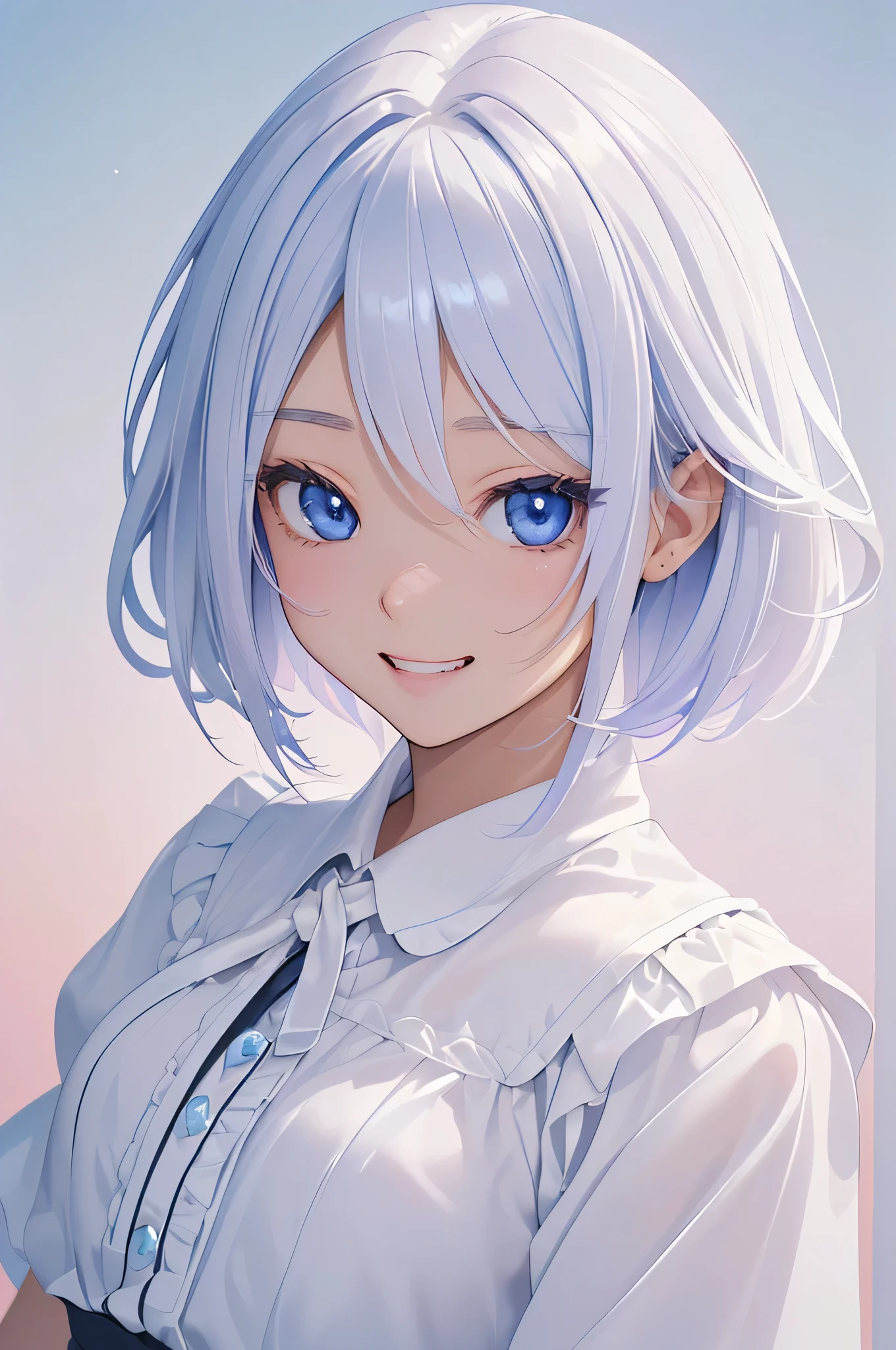 (8K、highest quality、masterpiece:1.2)、Super detailed、super resolution、realistic、1 girl、(bicolor hair, white:1.5)、blue eyes、(focus of the eye:1.3,face focus:1.3,Upper body:1.5),(gradient hair:1.5),(blouse:1.3)、(grin and laugh:1.3),cute face,small breasts,portrait,Zaid G