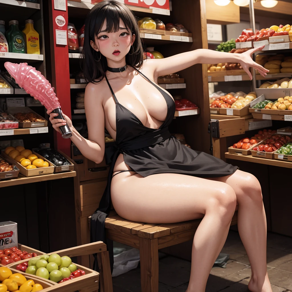 Woman in dark shadows、 ((American market, dark alley, At night, no lighting)), customer, round face, (Like naked々She is wearing only a patterned apron.), (Squat down a little and spread your legs), （Sweatをかいている）、((showing off her pubic hair, Sweat)), ((Riding a metal dildo)), ecstasy face,