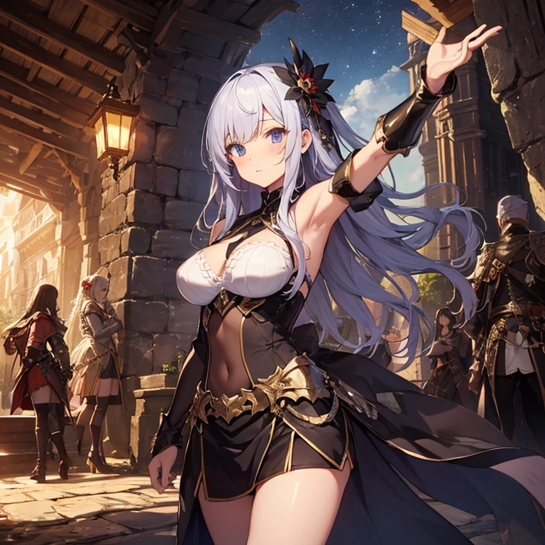 A group of female knight, (in cave), various hair styles, harem, wearing armored clothes, metal armor, night, details face, , short skirt, seducing, sword, showing armpits, sleeveless, erotic