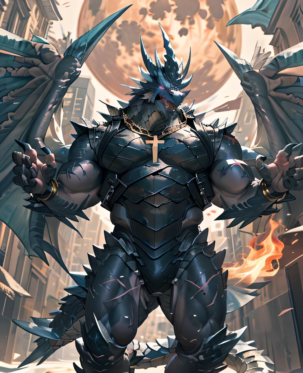 (The violent and powerful Black Dragon King，Wearing modern black and gold armor：100)，Purple long style，(strong body，majestic dragon wings，Sharp and huge dragon claws，粗Dragon tail，huge black dragon king：2)，lotion，full crotch，(blue dragon flame：2)，blood moon，Overwhelming presence，full body pictures，Very detailed，4k HD,There are scars on the face, Wearing sunglasses on head,The necklace hangs around the neck,(muscular body:1.3), There are scars on the face, Handsome, OK,(There are scars on the face), on the street,(Express),(city background),(There are scars on the face:1.2),(dragon horn),(Dragon tail),perfect masterpiece,(16K),Full body clothing,alone,((Strong)),,(double hand cross),(dick:1.2),(double hand cross:1.5),(hand:1.3),(intense expression.:1.2),(imagine:1.5),Strong,muscle,((Holding a gun in hand)), (Bulletproof vest)),Serious expression