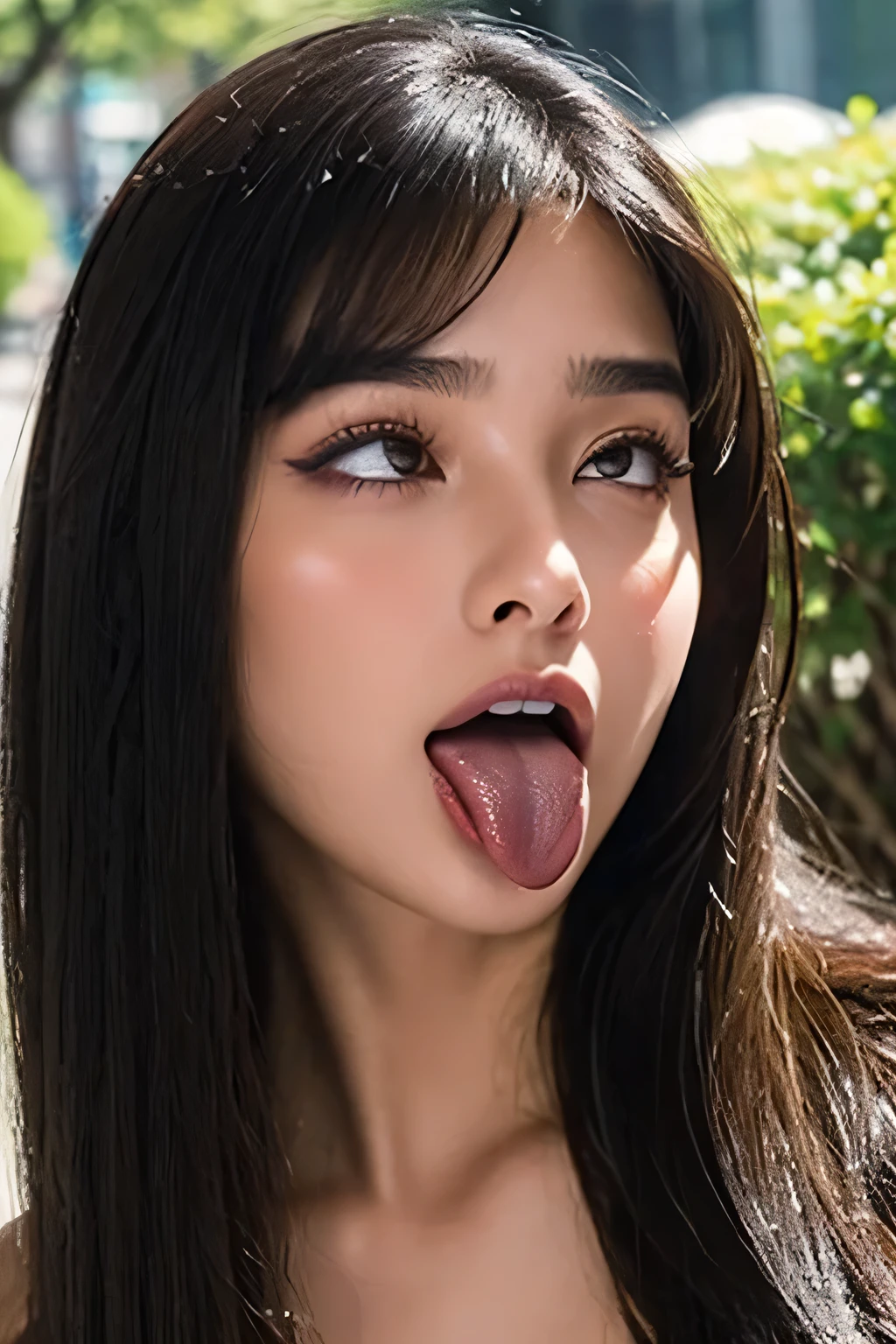 ,1 Girl、Taylor Hill、1 Girl、超High resolution, retina, Accurate, masterpiece, Anatomically correct, Super detailed, Textured skin, Attention to detail, high quality, High resolution, 8K、Big double eyes、nose、The focus is on the mouth、close-up focus on face、Woman with open mouth and closed eyes、18-year-old、Brown Hair、tongue out, tongue, Saliva trace,, Ahegao, long tongue,  Gray background,Half Backlight,