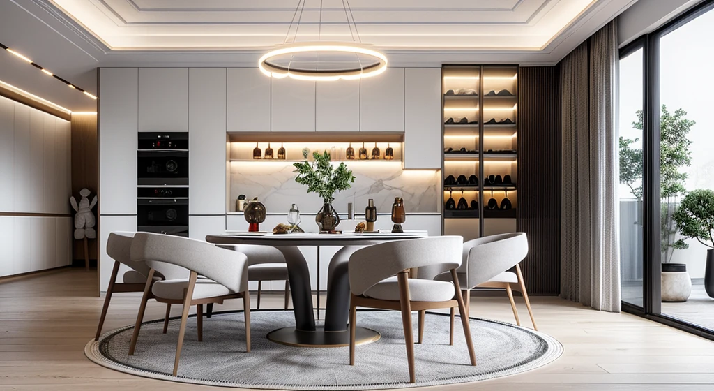 Lao Chen, (Wine cabinet with glass top), Interior Design, dinning room, (round chandelier), Light Color, (glasses, cups, wine bottles), circle rug, (grossy wooden floor), (2-panel sliding door), (curtain light), (light obscured by translucent curtains), (sofft warm led light), (circle spotlight), (indoor), (tone gray mix white), {soft sunlight|midday}, {Best Quality|Masterpiece|best illustration|Photorealism archdaily|award winning design|photorealistic|extreme detail|Stunning|photographic render|High-fidelity|vray render|Eye-catching|Sharp edge render}, ((masterpiece)), ((best quality:1.4)),(ultra-high resolution:1.2),(realistic:1.4),(8k:1.2)