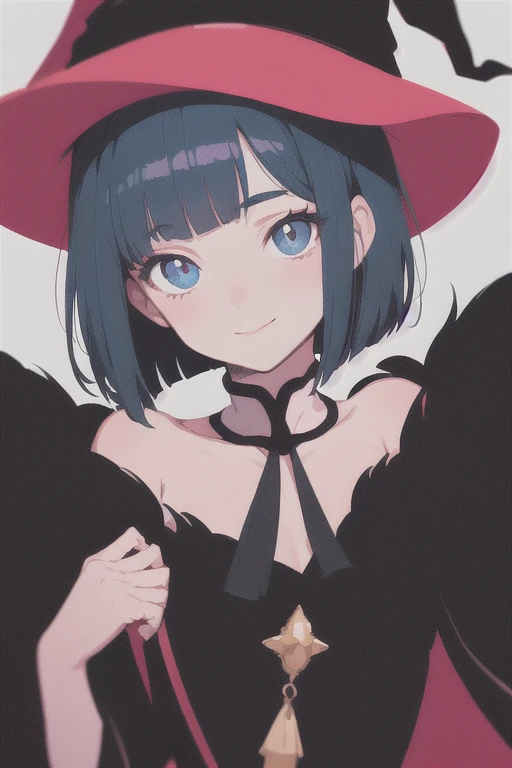 Witch's outfit, Anime-style portrait of a girl with a deep violet bob cut making eye contact with the camera, bright eyes, baby-faced, subtle smile, minimalistic background to emphasize character, high contrast, clean lines, digital painting, vivid colors