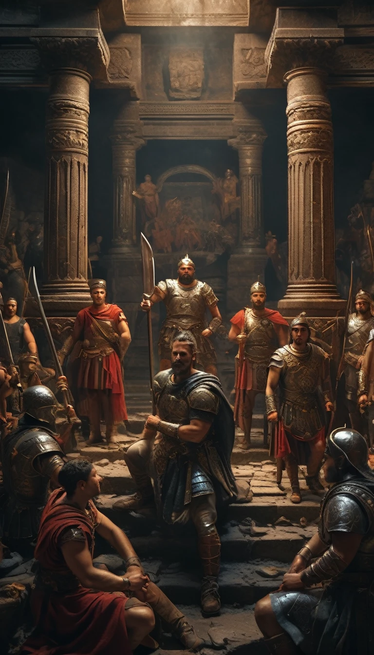 A dramatic illustration inspired by the Roman conquest, featuring the Huns seizing Roman treasures in a dark, atmospheric setting. The Huns, depicted in intricate detail with fierce expressions and elaborate armor, stand triumphantly among glittering Roman artifacts. The scene is painted in a chiaroscuro style, emphasizing the contrast between light and shadow, enhancing the tension and drama of the moment, background dark, hyper realistic, ultra detailed hyper realistic, photorealistic, Studio Lighting, reflections, dynamic pose, Cinematic, Color Grading, Photography, Shot on 50mm lens, Ultra-Wide Angle, Depth of Field, hyper-detailed, beautifully color, 8k