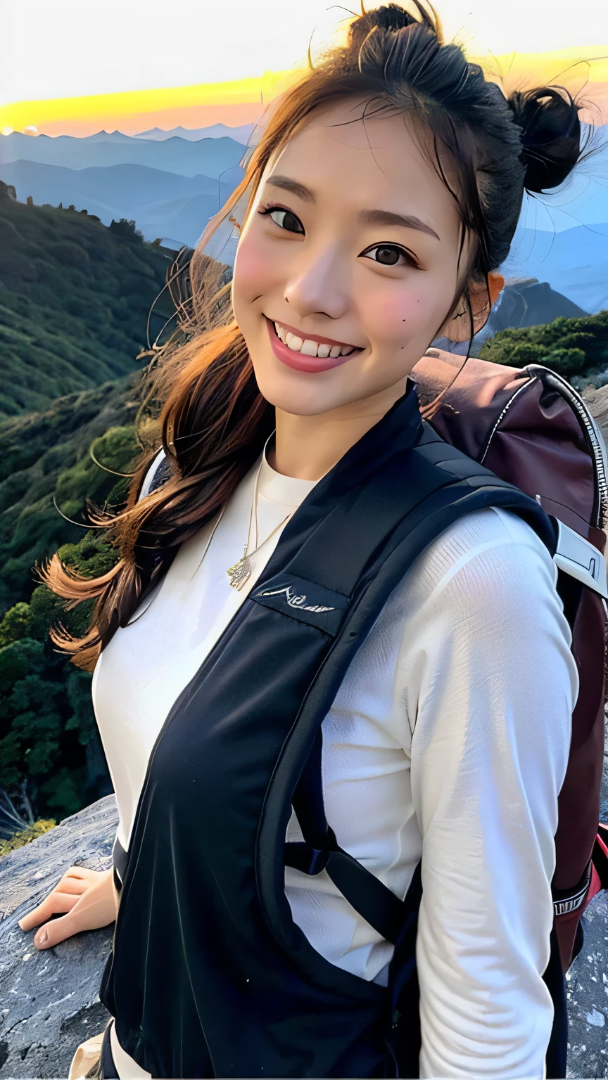 A cute woman who resembles Anne Nakamura、Very pretty and slender、outstanding style 、Super high quality、very delicate face, skin and hair、((Semi-long bun hair))、dark brown hair、((Cold mountaineering wear))、((mountain girl))、((Mountain trail at dusk))、16K image、(epic background)A very cute Japanese face、Slender、medium breasts、The eyes and nose stand out clearly、kind eyes、((Carrying a mountaineering backpack))、((refreshing smile))