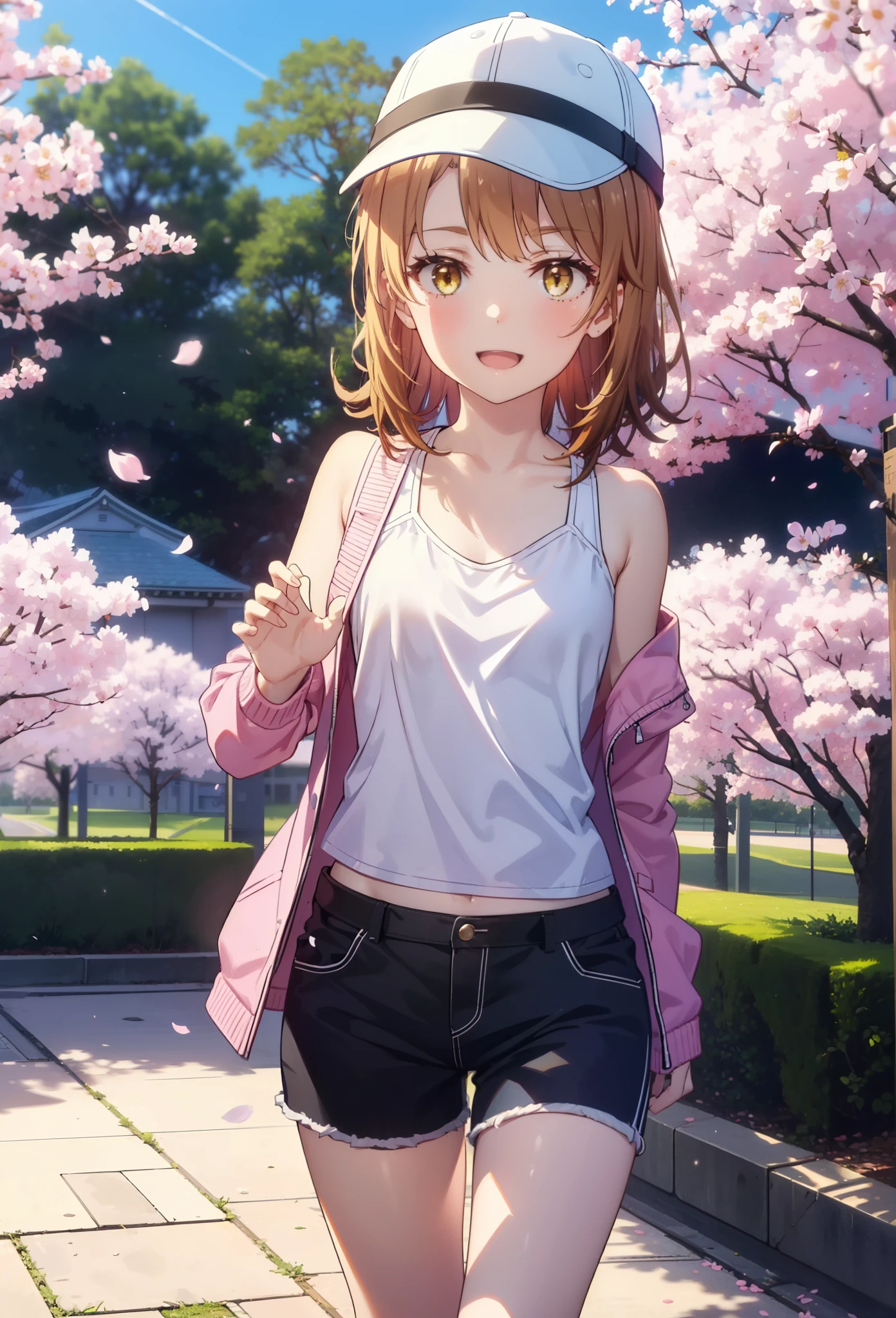 irohaisshiki, iroha isshiki, long hair, brown hair, (brown eyes:1.5),short braided hair,ponytail ,baseball hat,smile,happy smile, smile, open your mouth,Oversized pink jacket,There's space in front,bare shoulders,Yellow tank top shirt,shorts,Black high top sneakers,cherry blossoms are blooming,Cherry blossoms are scattered,Cherry blossom tree-lined path,noon,
break outdoors, 公園
break looking at viewer,(cowboy shot:1.5),
break (masterpiece:1.2), highest quality, High resolution, unity 8k wallpaper, (figure:0.8), (detailed and beautiful eyes:1.6), highly detailed face, perfect lighting, Very detailed CG, (perfect hands, perfect anatomy),