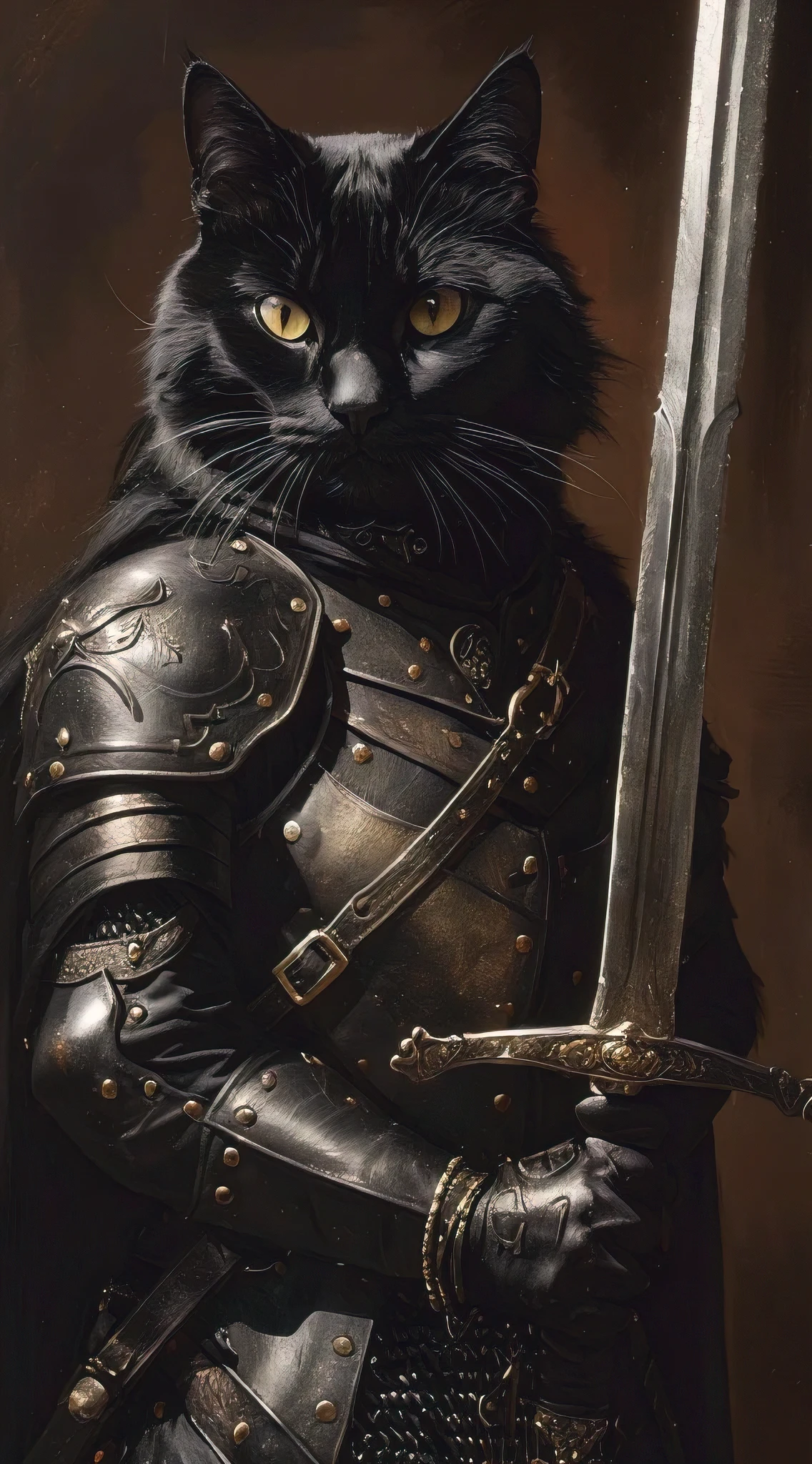 (best quality,4k,8k,highres,masterpiece:1.2),ultra-detailed,(realistic,photorealistic,photo-realistic:1.37),a black cat is dressed in full chain mail and wielding a great sword, painting style