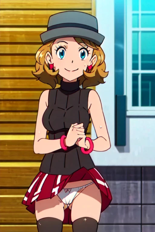 SERENAJ, 1girl, grey headwear, solo, jewelry, thighhighs, sleeveless turtleneck, turtleneck, skirt, sweater vest, blonde hair, earrings, hat, blue eyes, sleeveless, eyelashes, vest, bangs, breasts, medium hair, bracelet, black thighhighs, brown thighhighs, pleated skirt, red skirt, brown vest, upper body, looking at viewer, white thong, cameltoe, city street, tight pussy, pussylips, cameltoe, thong, symmetrical eyes, smile, sweating, armpit, upskirt, long skirt, sweaty, excited expression
