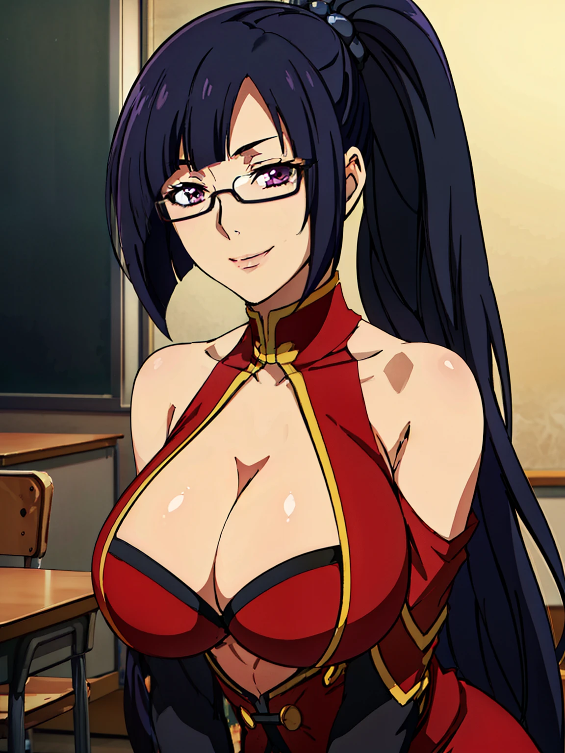 Red dress, chinese clothes, cleavage cutout, clothing cutout, bare shoulders, classroom background, Litchi Faye-Ling, anime cels style, best quality, high resolution, 1girl, (huge breasts:1.2), beautiful face, semi-rimless eyewear, black hair, very long hair, ponytail,Bangs,purple eyes, cowboy shot, smiling