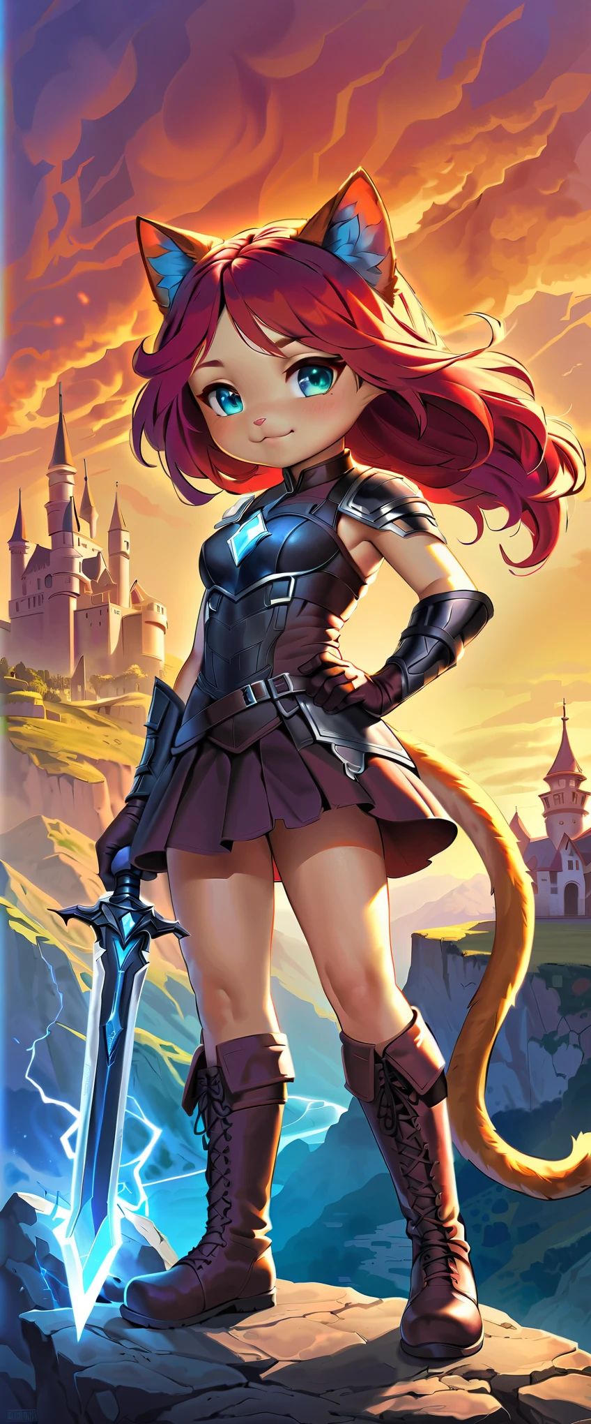 (anime artwork, anime style, studio anime, very detailed, up to date, vibrant, Anime Coloring, high contrast, masterpiece:1.2, best quality, best aesthetics), (((Chibi cute expressions:1.2))), fantasy art, alone, (1 girl), (Cat-like person, cat world), Detailed realistic armor, Medieval landscape, Bright colors, long flowing hair, confident pose, Golden sunset, shining sword, magical aura, mysterious look, Elegant gloves, Furry ears and tail, High quality leather boots, Intricate carving, Determined Eyes, heroic attitude, Majestic castle in the background, vapor, explosive flame, powerful stroke, Heroic portrait, adrenaline rush, Detailed weapons, strength, impact, energy, Violent, epic battle scene.