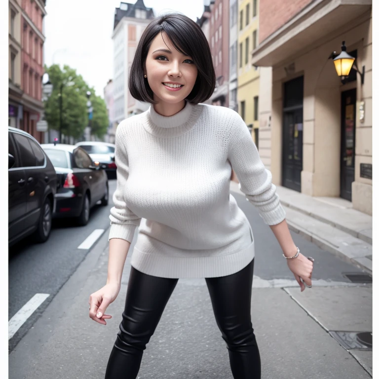 amerikanische frau, mit schwarzen haaren, 8k, Lachen auf dem Gesicht, Realistic 3D full body poster shot, eine modisch gekleidete Frau, in white clothes,  posing on a city street,
