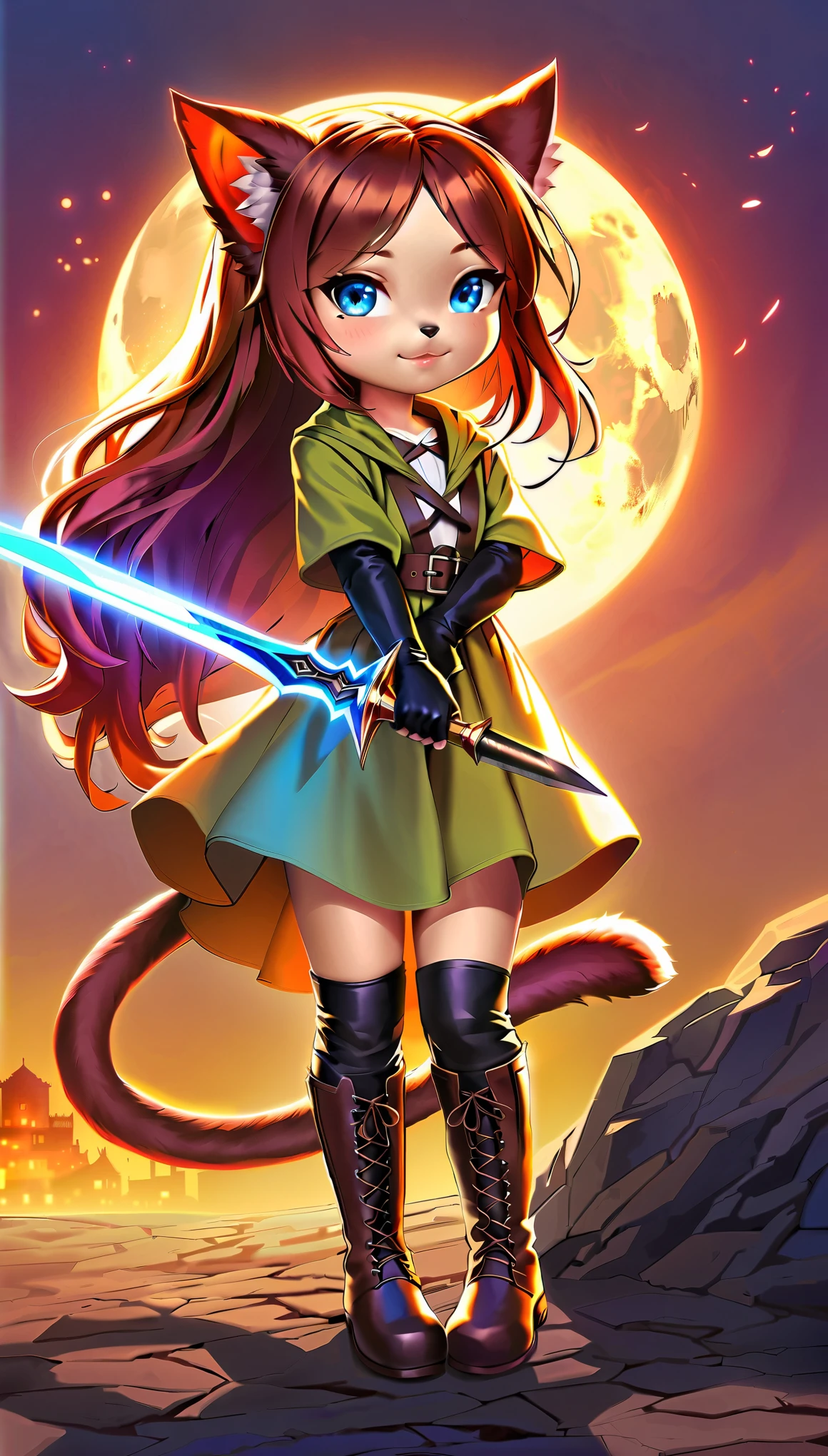 (anime artwork, anime style, studio anime, very detailed, up to date, vibrant, Anime Coloring, high contrast, masterpiece:1.2, best quality, best aesthetics), (((Chibi cute expressions:1.2))), fantasy art, alone, (1 girl), (Cat-like person, cat world), Detailed realistic armor, Medieval landscape, Bright colors, long flowing hair, confident pose, Golden sunset, shining sword, magical aura, mysterious look, Elegant gloves, Furry ears and tail, High quality leather boots, Intricate carving, Determined Eyes, heroic attitude, Majestic castle in the background, vapor, explosive flame, powerful stroke, Heroic portrait, adrenaline rush, Detailed weapons, strength, impact, energy, Violent, epic battle scene.