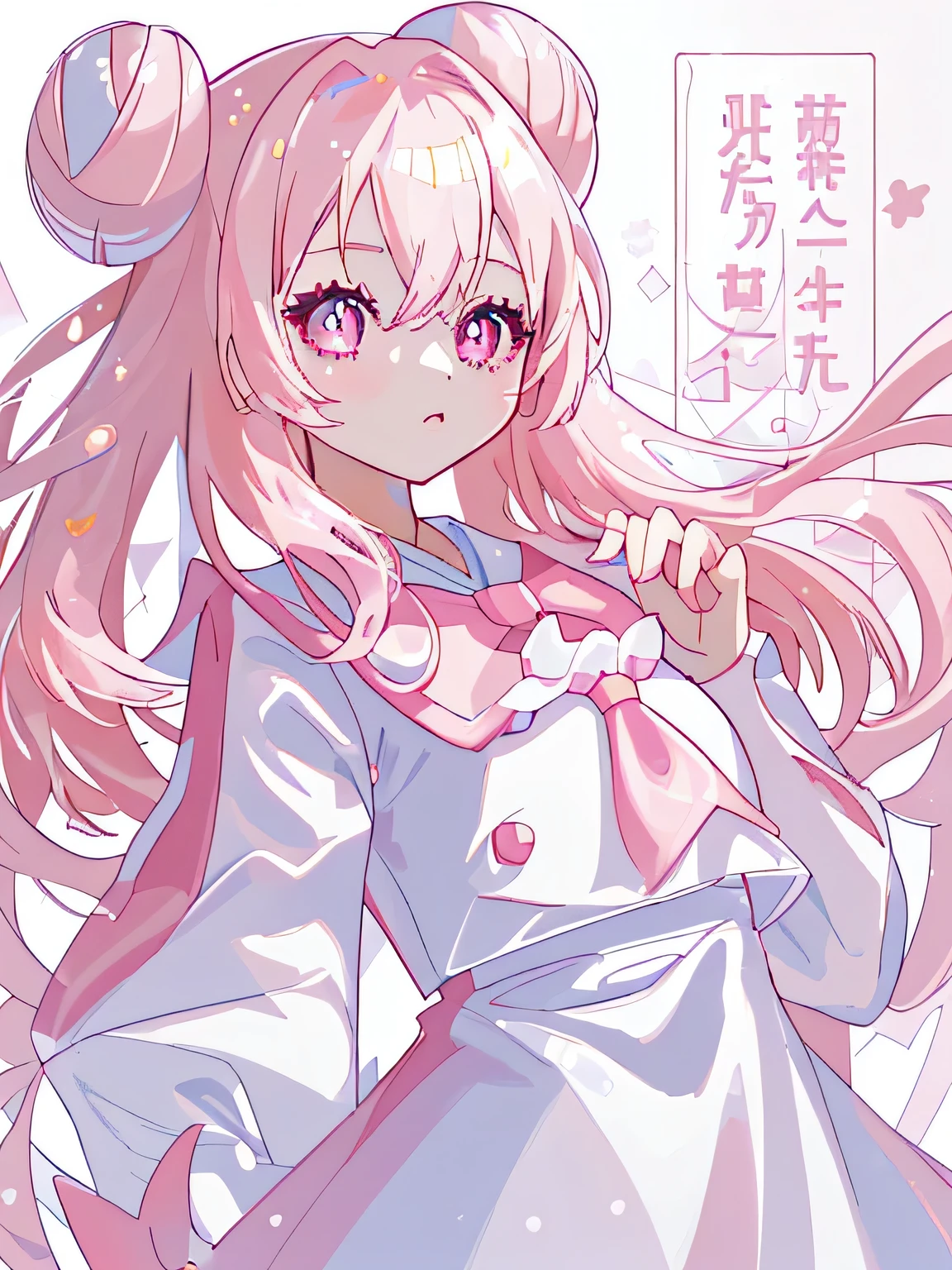 (highest quality, detailed background, High resolution, shiny 髪,White and light pink hair,bright pupils), 1 girl, A hairstyle with two small buns, long 髪, big_chest、designer dresses, wide shot、Upper body, looking here、Wearing a pink sailor suit、cute、anime style girl