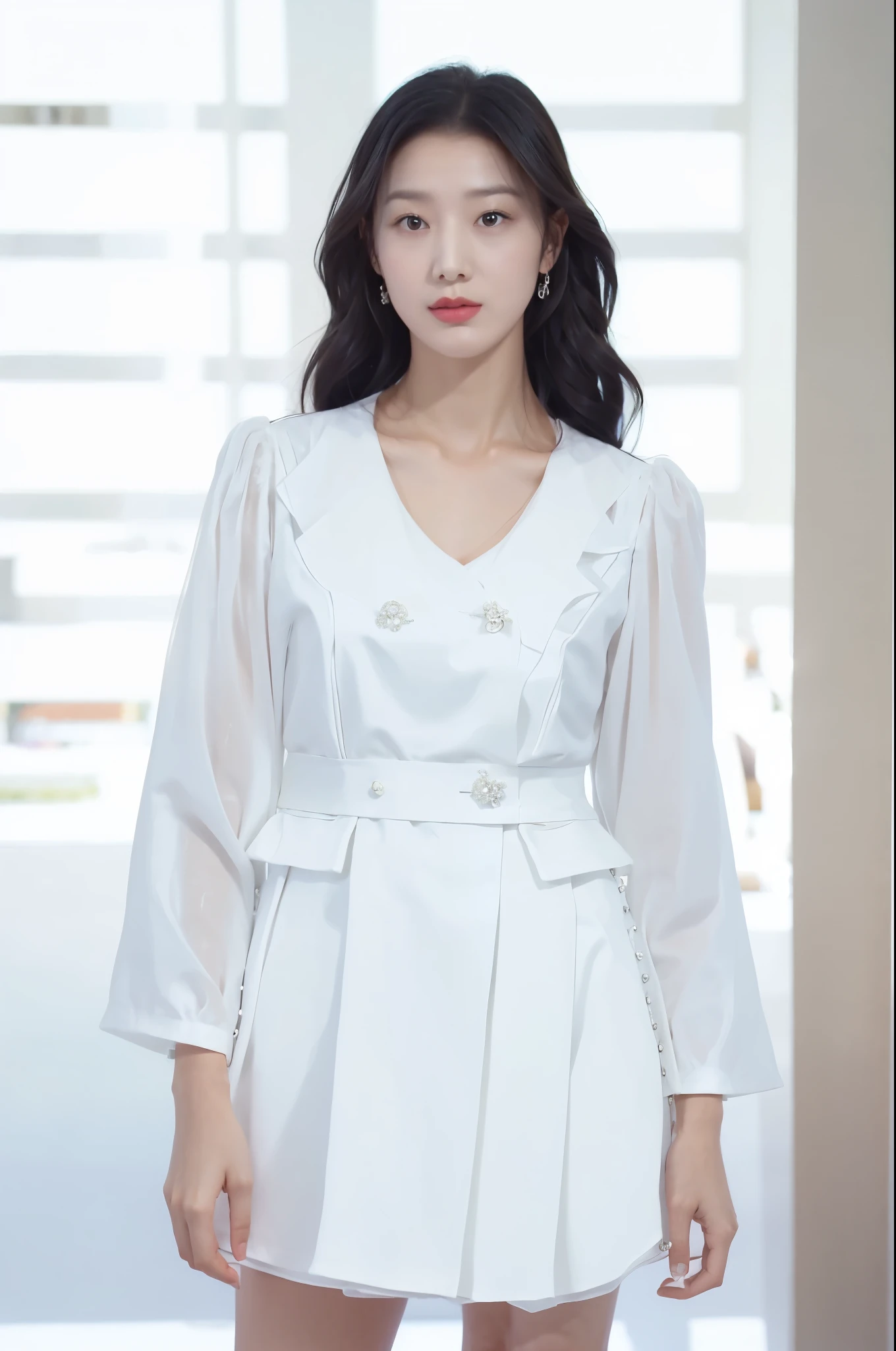 a woman in a white dress and jacket posing for a picture, ( ivory black ), elegant white dress, official photos, korean women's fashion model, white polygonal dress, puff sleeves, white royal dress, wearing along white dress, with white, elegant dress, white coat, white sleeves, white trendy clothes, detailed white, wearing white dress, formal attire