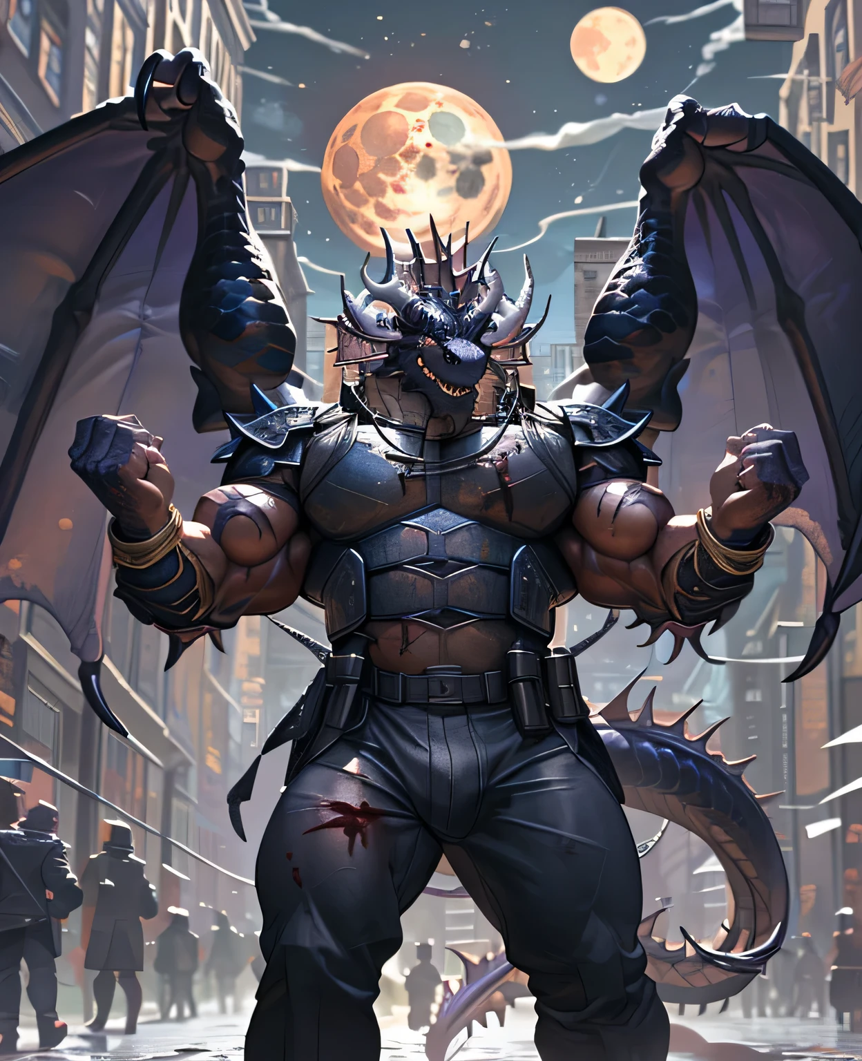 (The violent and powerful Black Dragon King,Wearing modern black and gold armor:100),Purple long style,(strong body,majestic dragon wings,Sharp and huge dragon claws,粗Dragon tail,huge black dragon king:2),lotion,full crotch,(blue dragon flame:2),blood moon,Overwhelming presence,full body pictures,Very detailed,4k HD,There are scars on the face, Wearing sunglasses on head,The necklace hangs around the neck,(muscular body:1.3), There are scars on the face, Handsome, OK,(There are scars on the face), on the street,(Express),(city background),(There are scars on the face:1.2),(dragon horn),(Dragon tail),perfect masterpiece,(16K),Full body clothing,alone,((Strong)),,(double hand cross),(dick:1.2),(double hand cross:1.5),(hand:1.3),(intense expression.:1.2),(imagine:1.5),Strong,muscle,((Holding a gun in hand)), (Bulletproof vest)),Serious expression