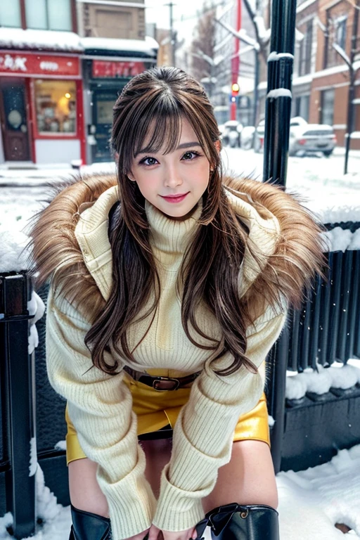 (masutepiece:1.3, Photorealsitic:1.4, 8K), top-quality, ​masterpiece, 超A high resolution, Perfect dynamic composition, Highly detailed skin and facial texture:1.3, A detailed eye, Detailed limbs, Snow flutters:1.2, Street corner in snowy country:1.2, 1girl in, Cute sexy 22 year old woman, Fair skin, tilt the neck, ((A smile:0.9, Totally captivates you:1.1)), (wearing a fluffy brown fur coat:1.2), (Wearing a yellow long-sleeved turtleneck sweater:1.1), ((voluptuous breasts:0.9)), (Beautiful blue eyes, Eyes that feel beautiful eros:0.85), a belt, Black High Waist Short Skirt, (Facing the front, crouching down), long boots, Sexy face:0.4, red blush:1.1, (A mouthfeel that feels beautiful eros:0.85), ((Too erotic:0.9))