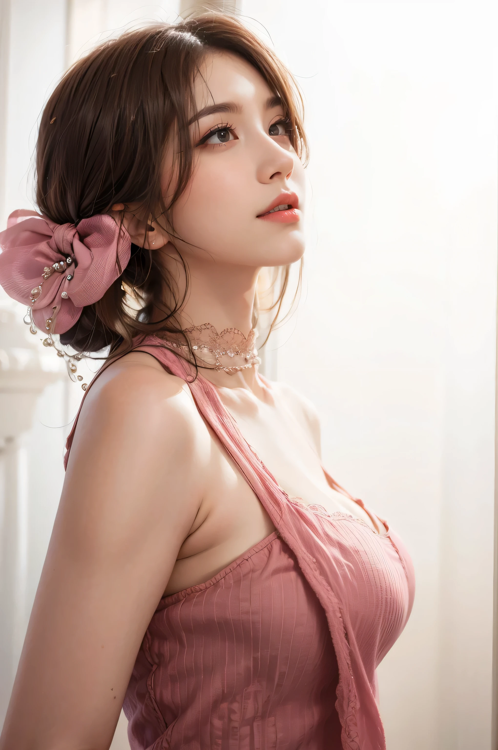 1girl, solo, long hair, breasts, lights of window,looking at viewer, brown hair,, brown eyes, , collarbone, pink shirt, upper body,, glasses, solo focus, indoors, , blurry, lips, window background, formal, suit, , realistic