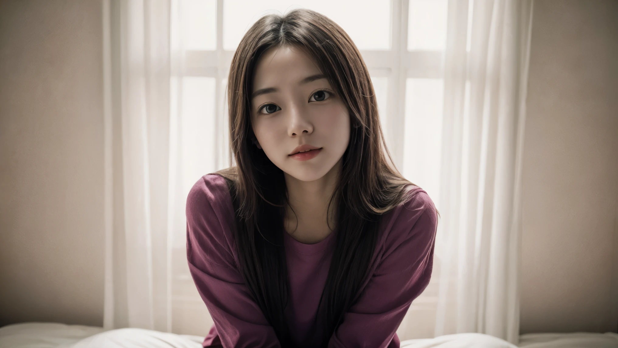 (Masterpiece, Best Quality: 1.4), Girl, Solo, Beautiful Face, 8K, Absurd, Above the Knees, Long Hair, Pink Shirt, Beautiful Long Legs, Looking at Camera, Big Breasts, Light Makeup, Chromatic Aberration, Sharp Focus, Bright and Refined , (smile : 0.5) ) ), room, interior, gentle light [:detail face:10]