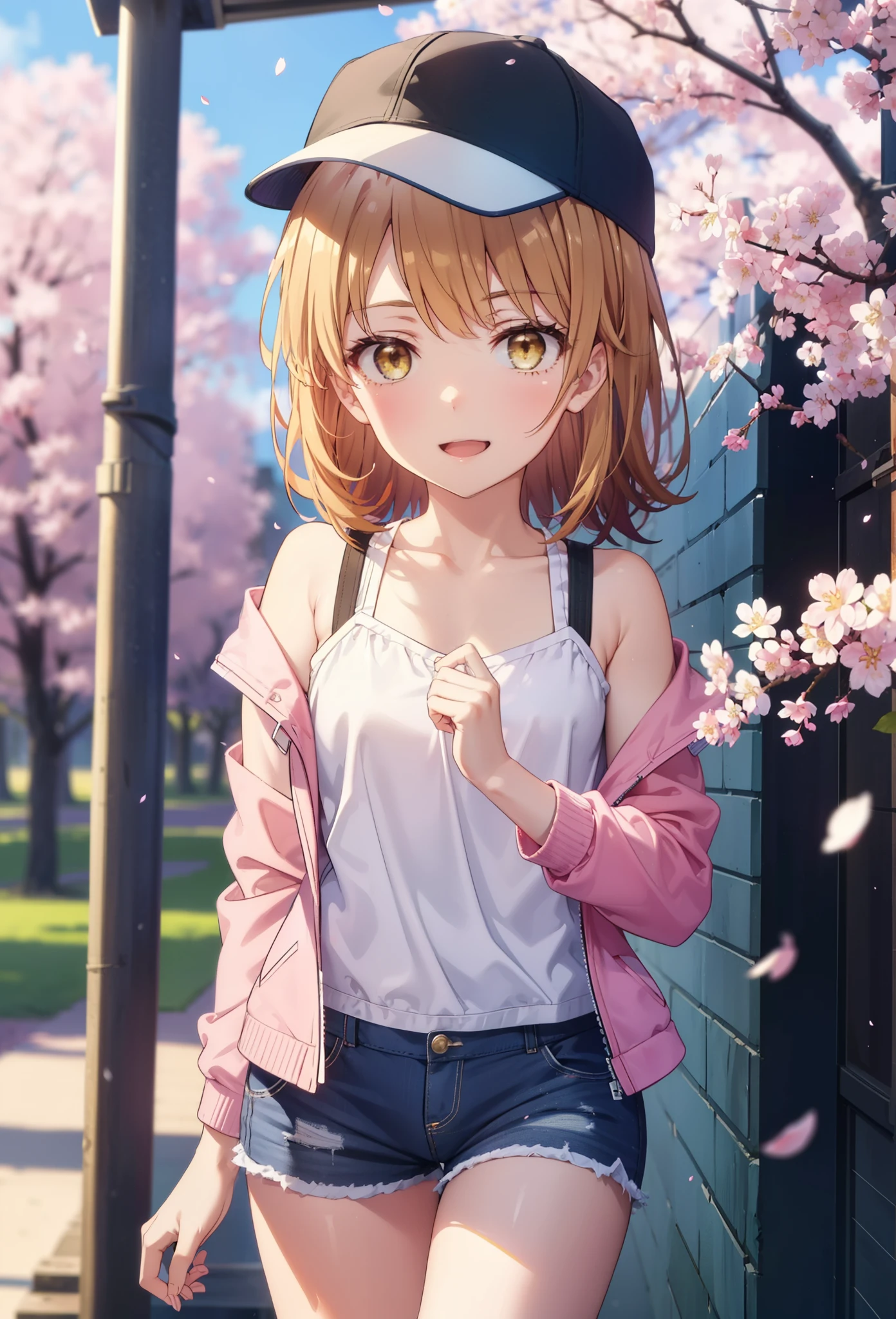 irohaisshiki, iroha isshiki, long hair, brown hair, (brown eyes:1.5),short braided hair,ponytail ,baseball hat,smile,happy smile, smile, open your mouth,Oversized pink jacket,There&#39;s space in front,bare shoulders,Yellow tank top shirt,shorts,Black high top sneakers,cherry blossoms are blooming,Cherry blossoms are scattered,Cherry blossom tree-lined path,noon,
break outdoors, 公園
break looking at viewer,(cowboy shot:1.5),
break (masterpiece:1.2), highest quality, High resolution, unity 8k wallpaper, (figure:0.8), (detailed and beautiful eyes:1.6), highly detailed face, perfect lighting, Very detailed CG, (perfect hands, perfect anatomy),