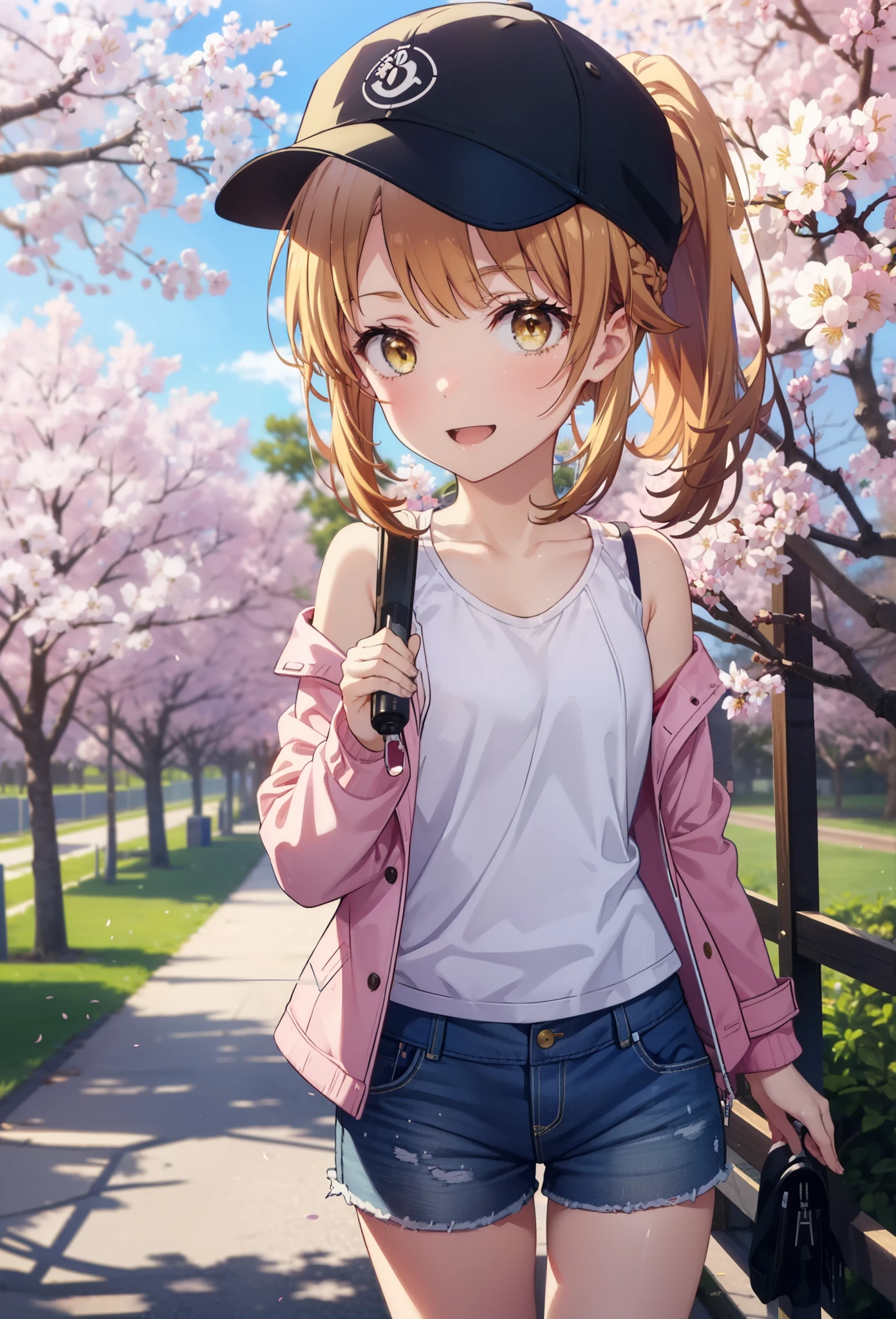 irohaisshiki, iroha isshiki, long hair, brown hair, (brown eyes:1.5),short braided hair,ponytail ,baseball hat,smile,happy smile, smile, open your mouth,Oversized pink jacket,There&#39;s space in front,bare shoulders,Yellow tank top shirt,shorts,Black high top sneakers,cherry blossoms are blooming,Cherry blossoms are scattered,Cherry blossom tree-lined path,noon,
break outdoors, 公園
break looking at viewer,(cowboy shot:1.5),
break (masterpiece:1.2), highest quality, High resolution, unity 8k wallpaper, (figure:0.8), (detailed and beautiful eyes:1.6), highly detailed face, perfect lighting, Very detailed CG, (perfect hands, perfect anatomy),