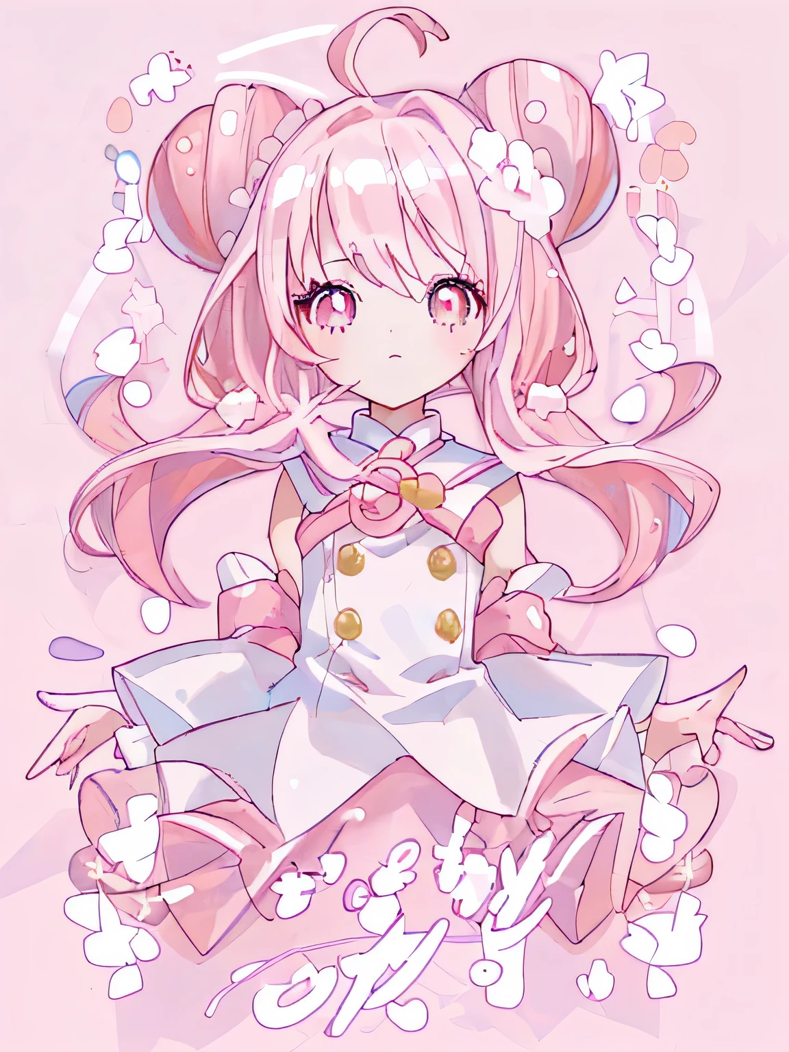 (highest quality, detailed background, High resolution, shiny 髪,White and light pink hair,bright pupils), 1 girl, A hairstyle with two small buns, long 髪, big_chest、designer dresses, wide shot、Upper body, looking here、Wearing a pink sailor suit、cute、anime style girl