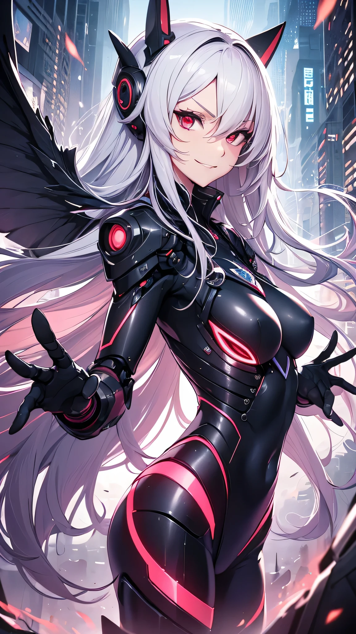 最high quality、best image quality、masterpiece、android girl((18-year-old、 By becoming、vest bust、medium bust,wide open breast tea、red glowing eyes, water hair、messy hair、long hair、thin,highest valley、Blue robot body、Shiny red body、Close ~ eyes、attack、Show the whole body、robot arm、robot feet、villain、evil smile、bad smile、laugh loudly、villain pose、Black robot wings,sharp nails、prick々New body parts、With a big sword、floating in the air、Robot Tail、turn around、emphasize the buttocks)),high quality、beautiful art、background((cyber world))、Flight、debris flies、Depth of written boundary、movie、visual art、perfect art、8K,genuine、