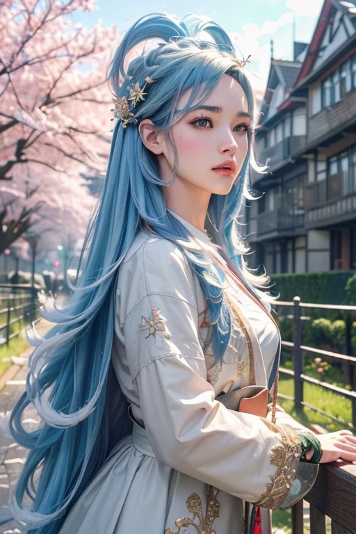 ((Ultra-realistic detail.) (Masterpiece, Top Quality, Best Quality, Official Art, Beauty and Aesthetics: 1.2), Very Detailed, Colorful, Most Detailed, Branches, Buildings, Barbed Wire, Cherry Blossoms, Fences, Long Hair, Outdoor, Petals, Landscape, Rain, Trees, Sky, Street, Real