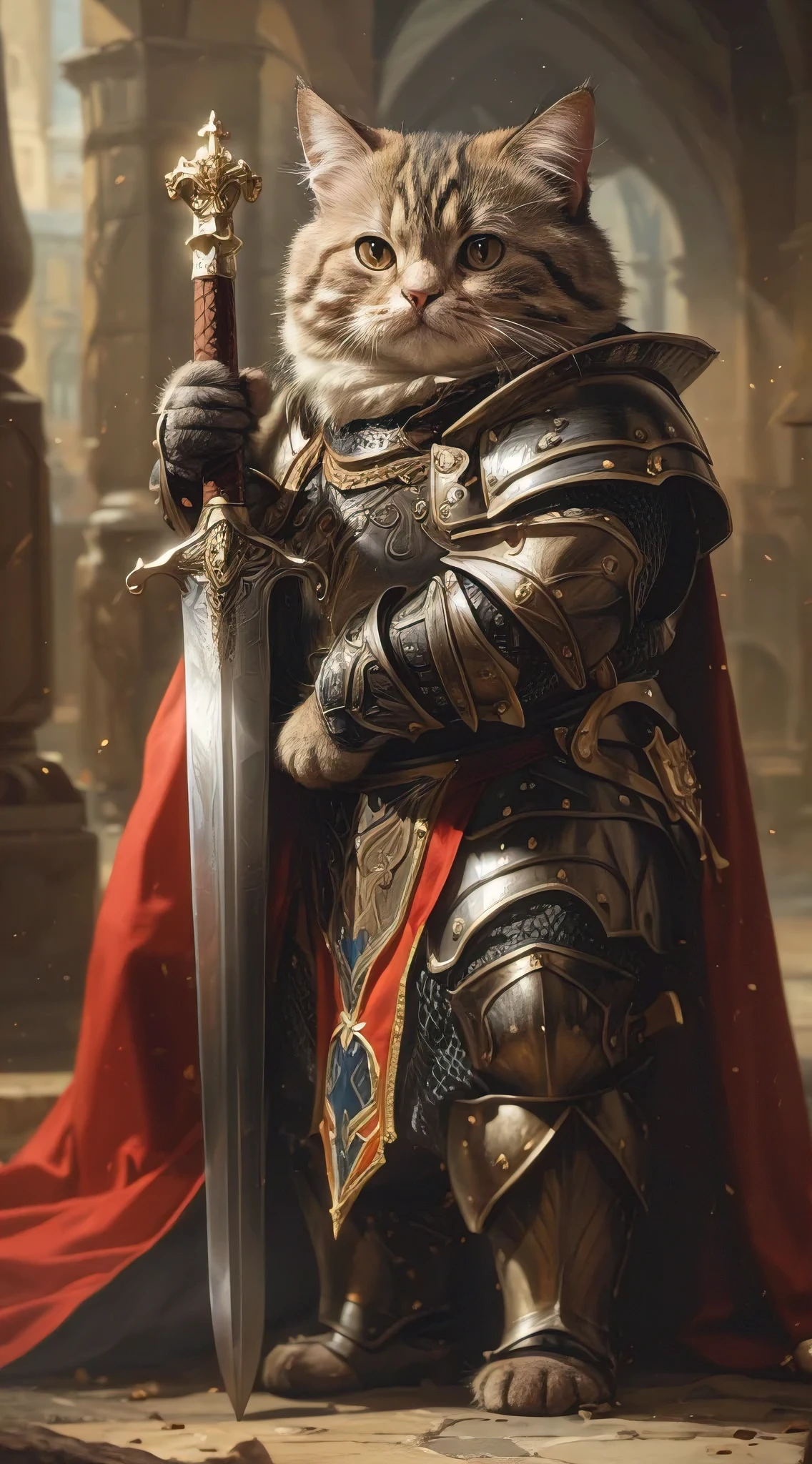 (best quality,4k,8k,highres,masterpiece:1.2),ultra-detailed,(realistic,photorealistic,photo-realistic:1.37),Super wide angle, medieval, cute chubby cat knight, holding a giant sword in his hand, standing majestic, wearing armor