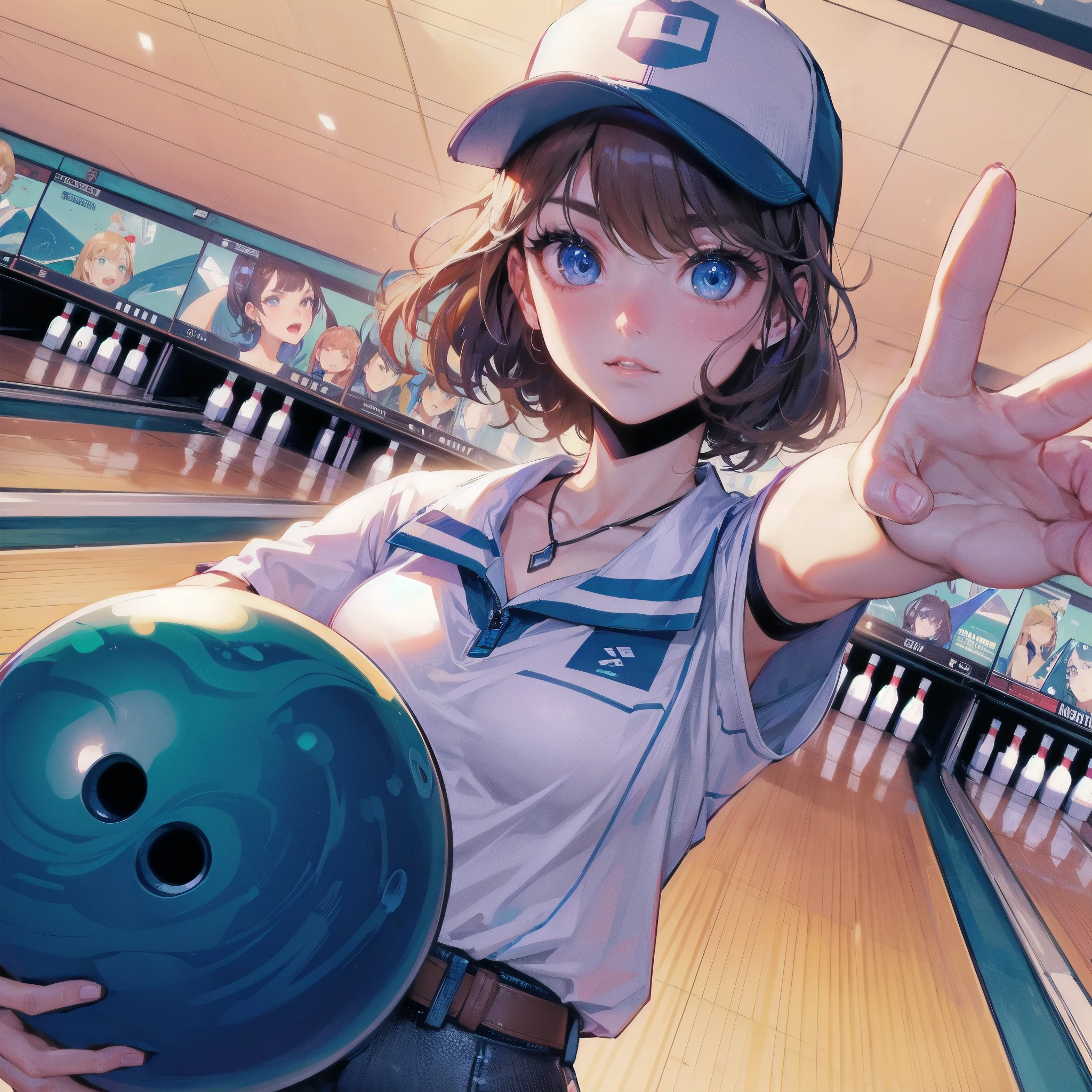 high quality,HD,16k,sharp lines,1 girl,Female bowling athlete ,cute face, large breasts, nice legs,At the bowling venue,focus girl,detailed beautiful face,detailed clothes,beautiful eyes,cool,dynamic angle