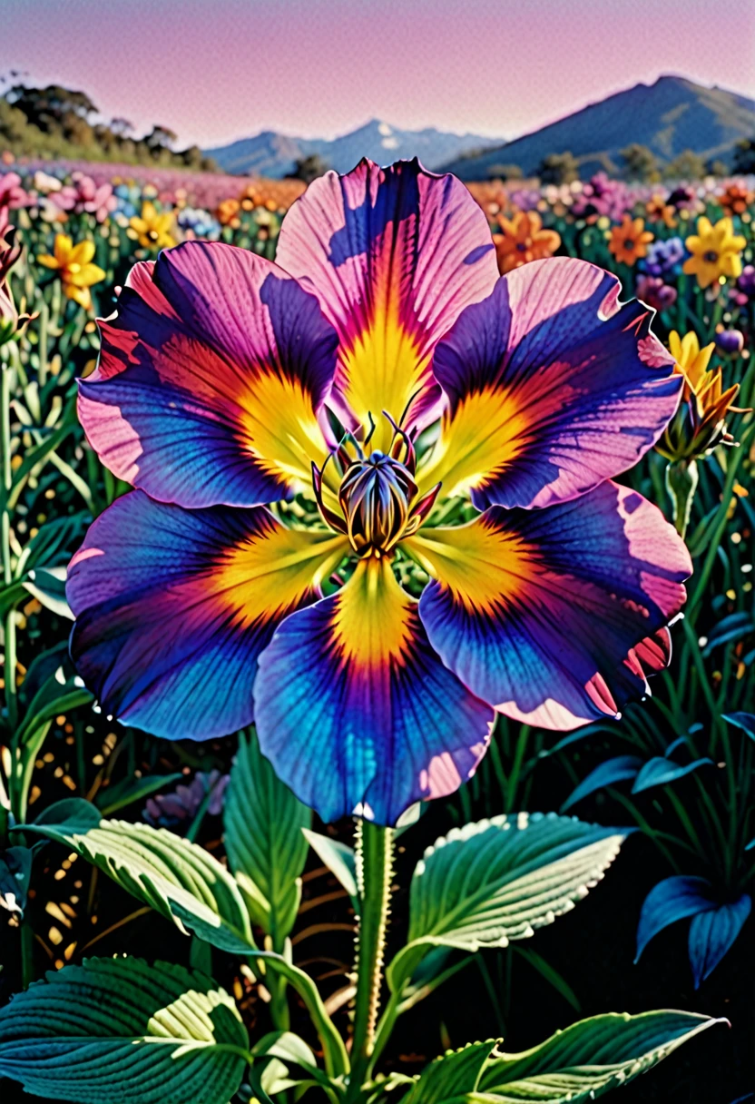 fatastic nature, ultra realism, ultra detail, cibachrome, flower photography, photopainting, 90s, furrowed, vibrant holographic gradient, front view, landscape photography