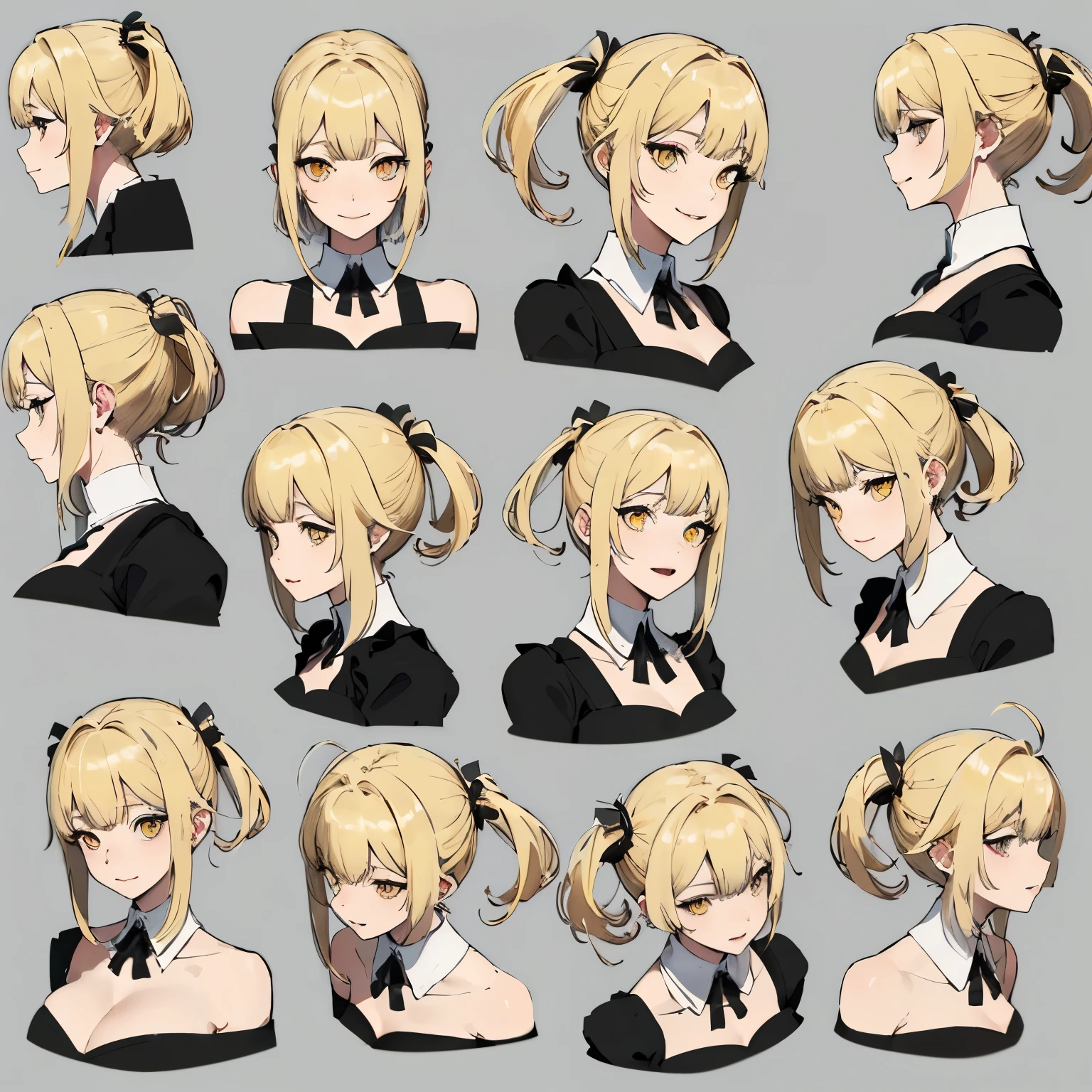 (masterpiece, 8K, highest quality, very detailed, 1 mature woman), (Consistent personality, same character), (blonde hair, yellow eyes), (very detailed顔と肌の質感, fine eyes), evil smile, big breasts, alone, (maid), white background, bare shoulders, enchanting smile, (multiple views, multiple angles), Side view, Front view, look up, look down, Rear view, 20-degree head view