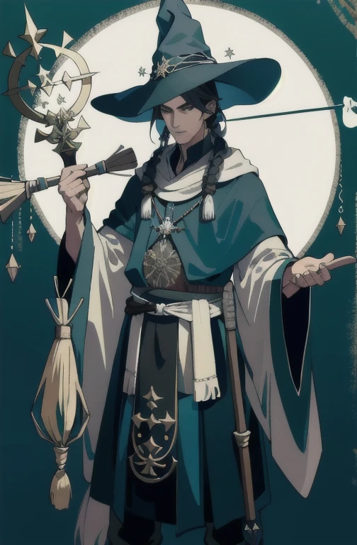 masterpiece, best quality, 1 male, adult, tall muscular, handsome, finely detailed eyes, intricate details, wizard, black hat with a pointed brim, broomstick with a carved handle, spellbook with a variety of spells, potion bottles with various ingredients, enchanted forest with a hidden wizard hut, foot pov, (add slavic cultur atributes), (((slavic wizard))), slavic ornaments and cloth, (((antiant russian wizard)))