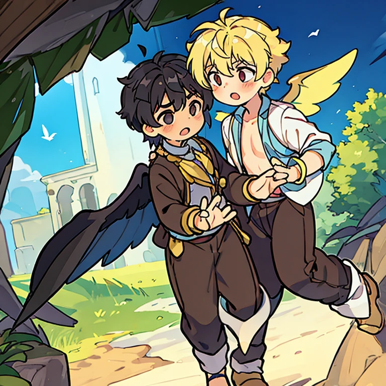 only two boys. the first and small with black hair and blonde highlights. le deuxieme a des cheveux marrons un bandeau et ded lunettes. they are dressed like fairies with wings