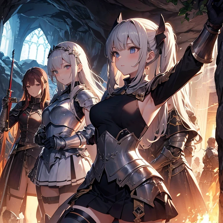 A group of female knight, (in cave), various hair styles, harem, wearing armored clothes, metal armor, night, details face, , short skirt, seducing, sword, showing armpits, sleeveless, erotic