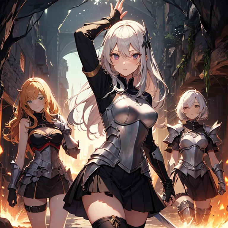 A group of female knight, (in cave), various hair styles, harem, wearing armored clothes, metal armor, night, details face, , short skirt, seducing, sword, showing armpits, sleeveless, erotic