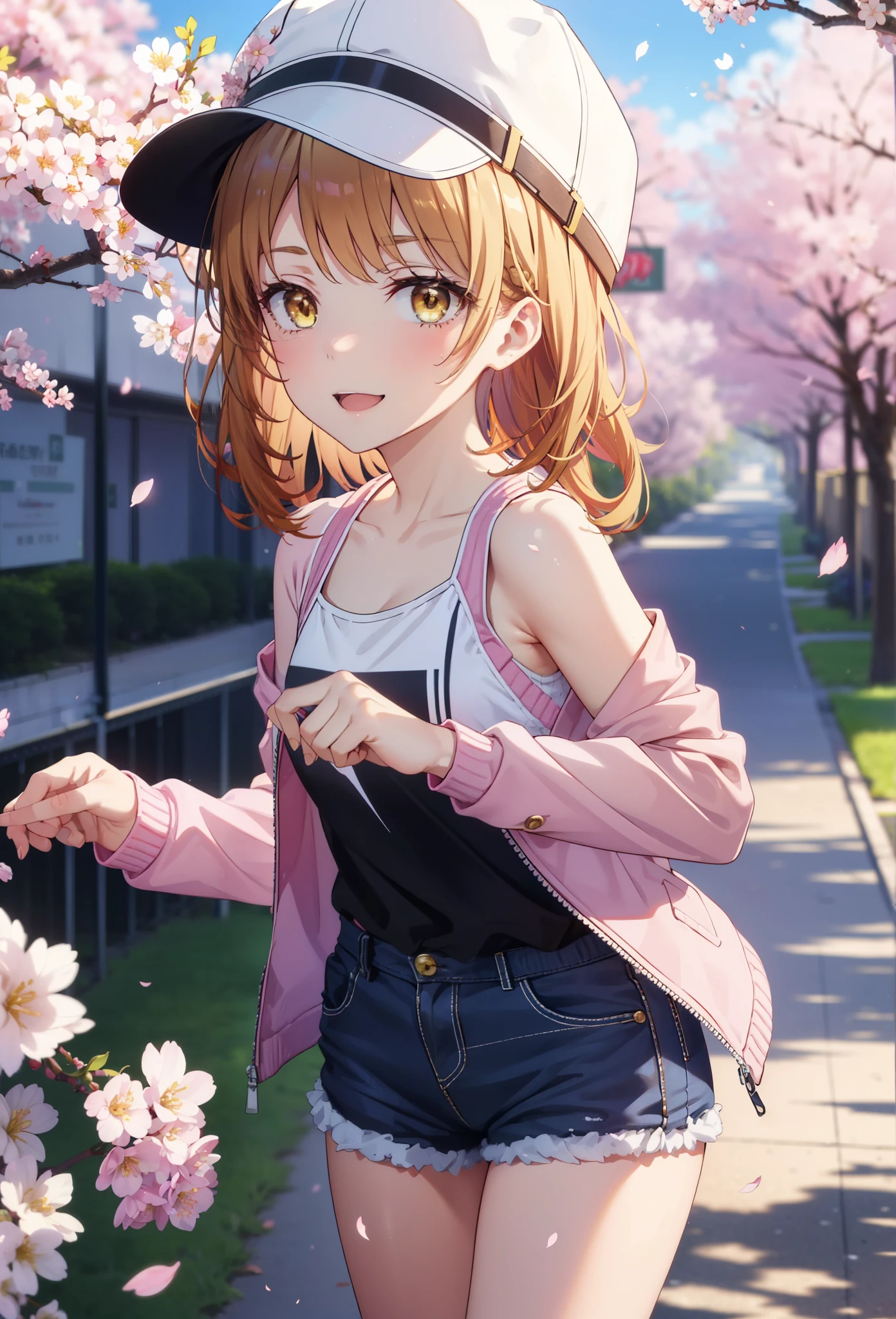 irohaisshiki, iroha isshiki, long hair, brown hair, (brown eyes:1.5),short braided hair,ponytail ,baseball hat,smile,happy smile, smile, open your mouth,Oversized pink jacket,There's space in front,bare shoulders,Yellow tank top shirt,shorts,Black high top sneakers,cherry blossoms are blooming,Cherry blossoms are scattered,Cherry blossom tree-lined path,noon,
break outdoors, 公園
break looking at viewer,(cowboy shot:1.5),
break (masterpiece:1.2), highest quality, High resolution, unity 8k wallpaper, (figure:0.8), (detailed and beautiful eyes:1.6), highly detailed face, perfect lighting, Very detailed CG, (perfect hands, perfect anatomy),