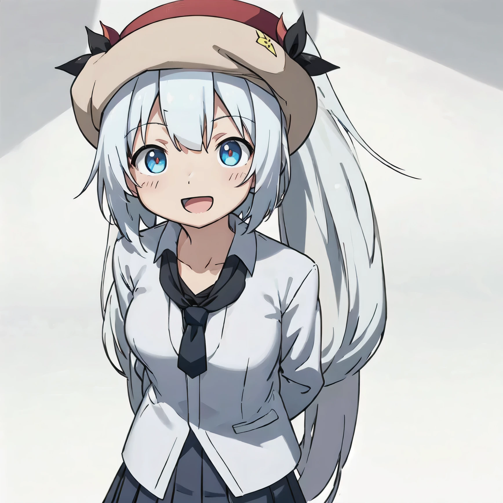 white background、Solid white background、blank background、arms behind back、hide your hands、beautiful detailed eyes、red eyes、White hair x red eyes、White hair, red eyes、redhead inside、「tsurime」「large breasts」(high quality, Breathtaking),(delicate eyes, perfect face)solo,Era: late 20s, open your mouth without showing your teeth、Smile with mouth wide open、open your mouth wide、shoulder-length short hair,, white hair,long hair, white hair, white long sleeve blazer clothes,white pleated skirt、White beret