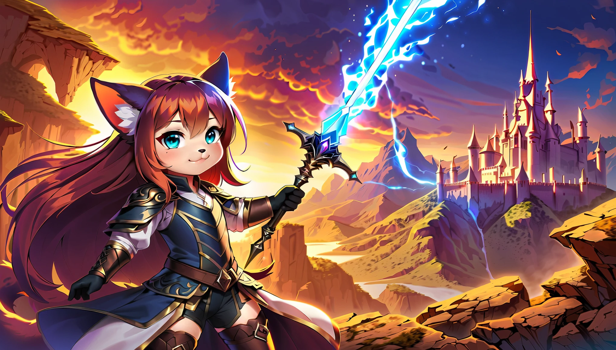 (anime artwork, anime style, studio anime, very detailed, up to date, vibrant, Anime Coloring, high contrast, masterpiece:1.2, best quality, best aesthetics), (((Chibi cute expressions:1.2))), fantasy art, alone, (1 girl), (Cat-like person, cat world), Detailed realistic armor, Medieval landscape, Bright colors, long flowing hair, confident pose, Golden sunset, shining sword, magical aura, mysterious look, Elegant gloves, Furry ears and tail, High quality leather boots, Intricate carving, Determined Eyes, heroic attitude, Majestic castle in the background, vapor, explosive flame, powerful stroke, Heroic portrait, adrenaline rush, Detailed weapons, strength, impact, energy, Violent, epic battle scene.