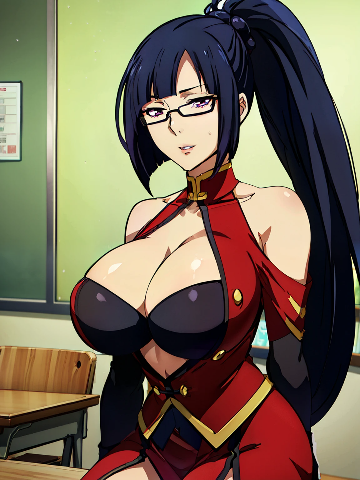 sitting on table, Red dress, chinese clothes, cleavage cutout, clothing cutout, bare shoulders, classroom background, Litchi Faye-Ling, anime cels style, best quality, high resolution, 1girl, (huge breasts:1.2), beautiful face, semi-rimless eyewear, black hair, very long hair, ponytail, Bangs, purple eyes, cowboy shot