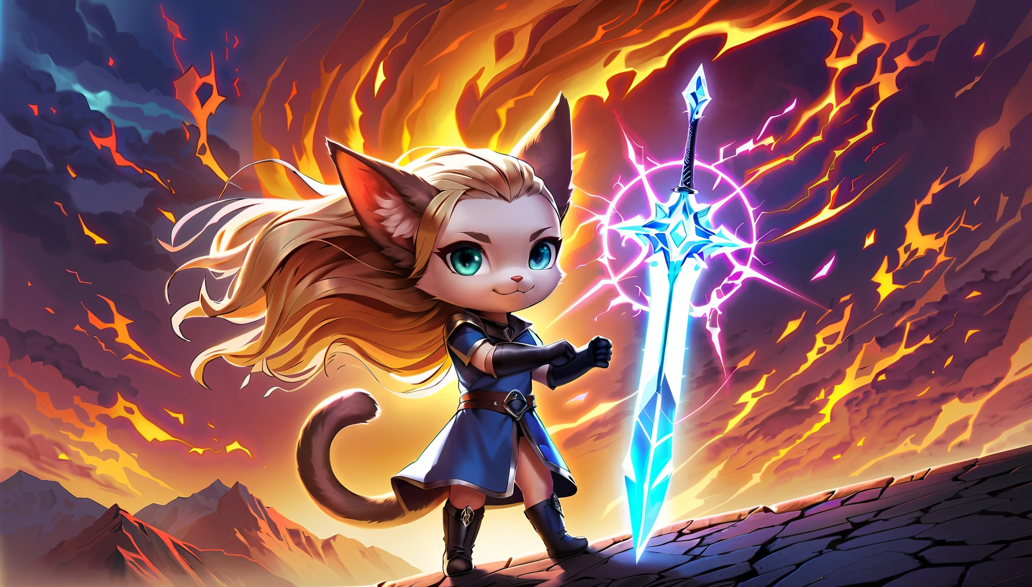 (anime artwork, anime style, studio anime, very detailed, up to date, vibrant, Anime Coloring, high contrast, masterpiece:1.2, best quality, best aesthetics), (((Chibi cute expressions:1.2))), fantasy art, alone, (1 girl), (Cat-like person, cat world), Detailed realistic armor, Medieval landscape, Bright colors, long flowing hair, confident pose, Golden sunset, shining sword, magical aura, mysterious look, Elegant gloves, Furry ears and tail, High quality leather boots, Intricate carving, Determined Eyes, heroic attitude, Majestic castle in the background, vapor, explosive flame, powerful stroke, Heroic portrait, adrenaline rush, Detailed weapons, strength, impact, energy, Violent, epic battle scene.