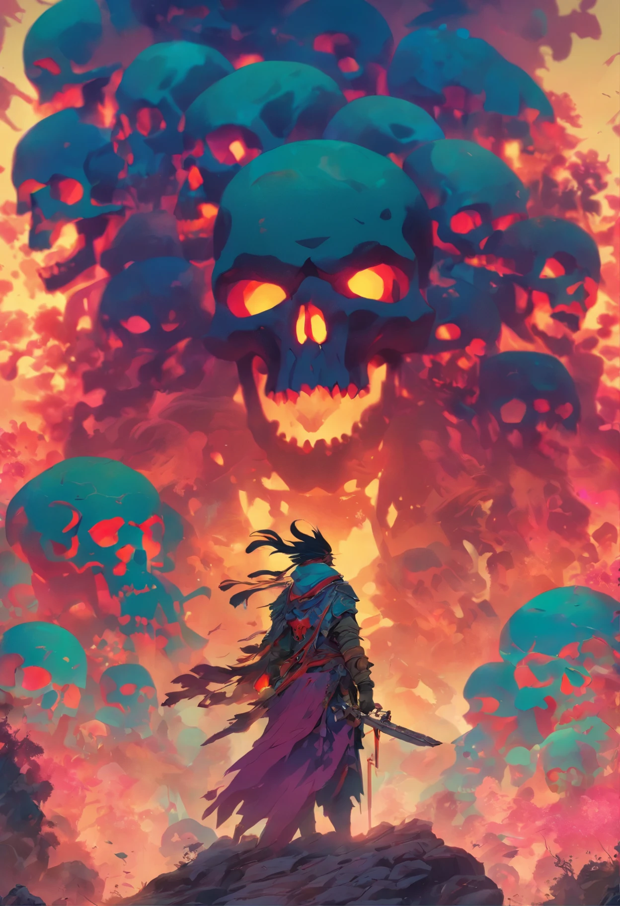 there is a painting of a man standing in front of a giant skull, jen bartel, detailed digital 2d fantasy art, colorful concept art, epic fantasy sci fi illustration, paul lehr and beeple, digital 2d fantasy art, luminescent concept art, low detailed. digital painting, peter mohrbacher and dan mumford, concept art digital illustration