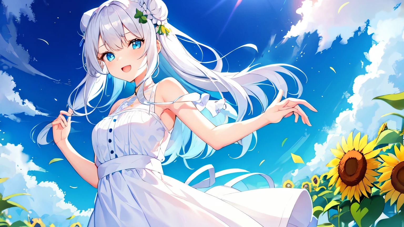highest quality,Cute girl wearing a white summer dress,Long hair in twin buns and fluffy silver hair,blue eyes,It's summer, the sky is blue, and sunflowers are blooming.