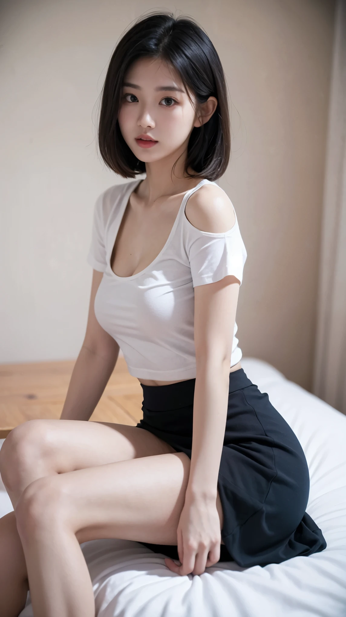 (yinchuan:1.5), close-up, masterpiece, best quality, raw photo, photorealistic, big, beautiful face, girl with soft smile, cute, white t-shirt, skirt, beautiful thighs, middle hair depth of field, high resolution, ultra detail, fine detail, very detailed, very detailed eyes and face, sharp pupils, realistic pupils,