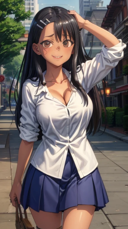 HDR, cg, sharp focus, (8K), (4k), masterpiece, highest quality, sharp focus, very detailed, Complex, very detailed, nagatoro hayase, brown eyes, black hair, bangs, long hair, black skin, hair clip, white shirt, blue skirt, no socks, uwabaki, Are standing, arm behind head, cowboy shot, looking at the viewer, outdoor, with an evil smile,huge breasts,cleavage
