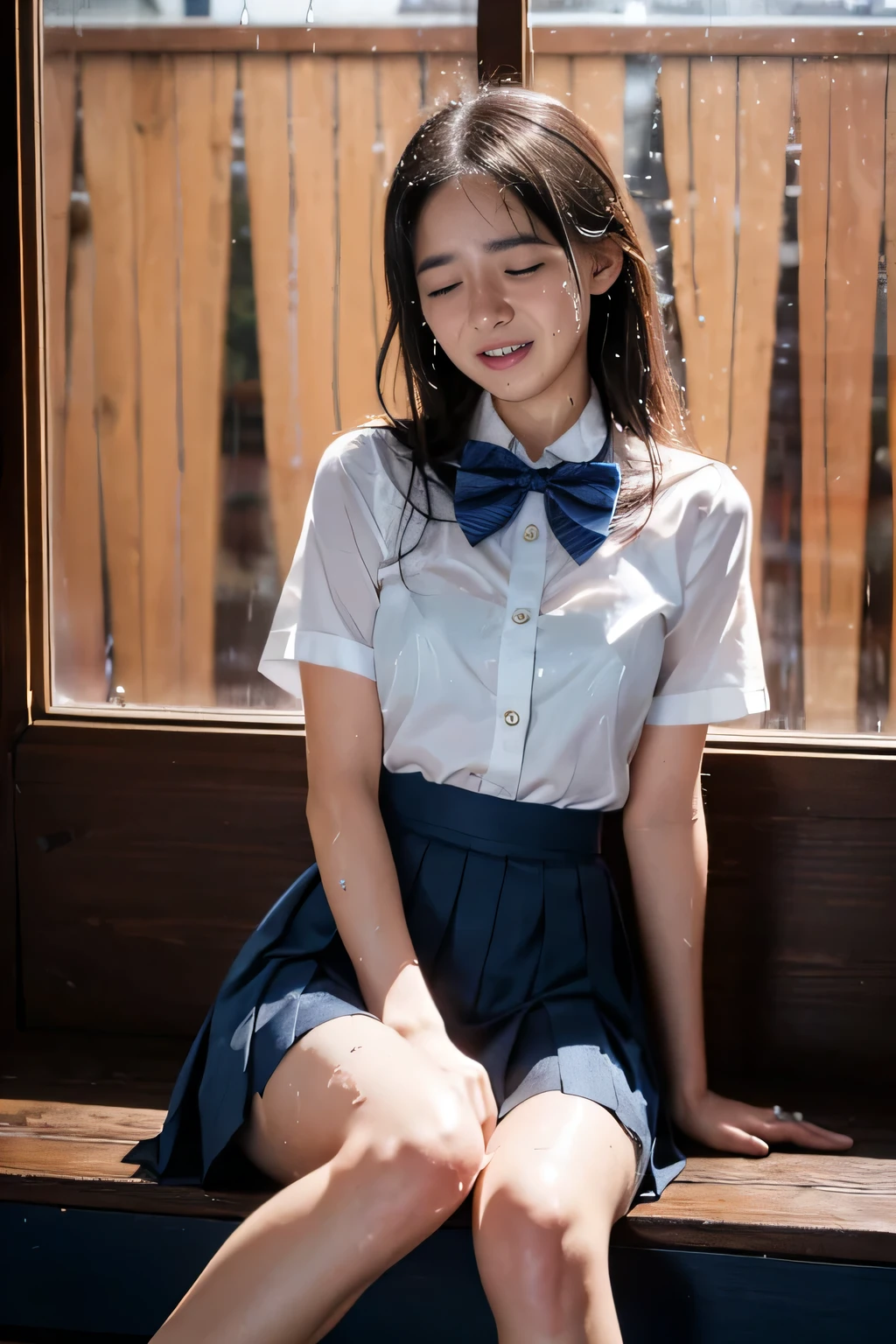 Highly detailed CG Unity 8K wallpaper、highest quality、super detailed、masterpiece、realistic、Photoreal、Highly detailed cute girl、、(High school students wearing Japanese uniforms)、((Shooting from the front:1.4))、((Dark blue school girl bow tie:1.4))、((Sitting on a wooden chest:1.4))、blush、split lips、looking at the viewer、semi body shot、(A room in a love hotel)、(Japan High and designated shoes)、(navy blue short pleated skirt,:1.5)、(Short-sleeved white shirt for students)、 (dark blue bow tie:1.2)、(Light brown long hair)、(beautiful face:1.3)、(perfect proportions:1.2)、(long legs:1.2)、(small breasts:1.3)、((Blouse wet in the rain、The brush is see-through))、(Bra is transparent)、(((wet hair、wet skin)))、((Upper body))、reality、((rain outside the window:1.4))、