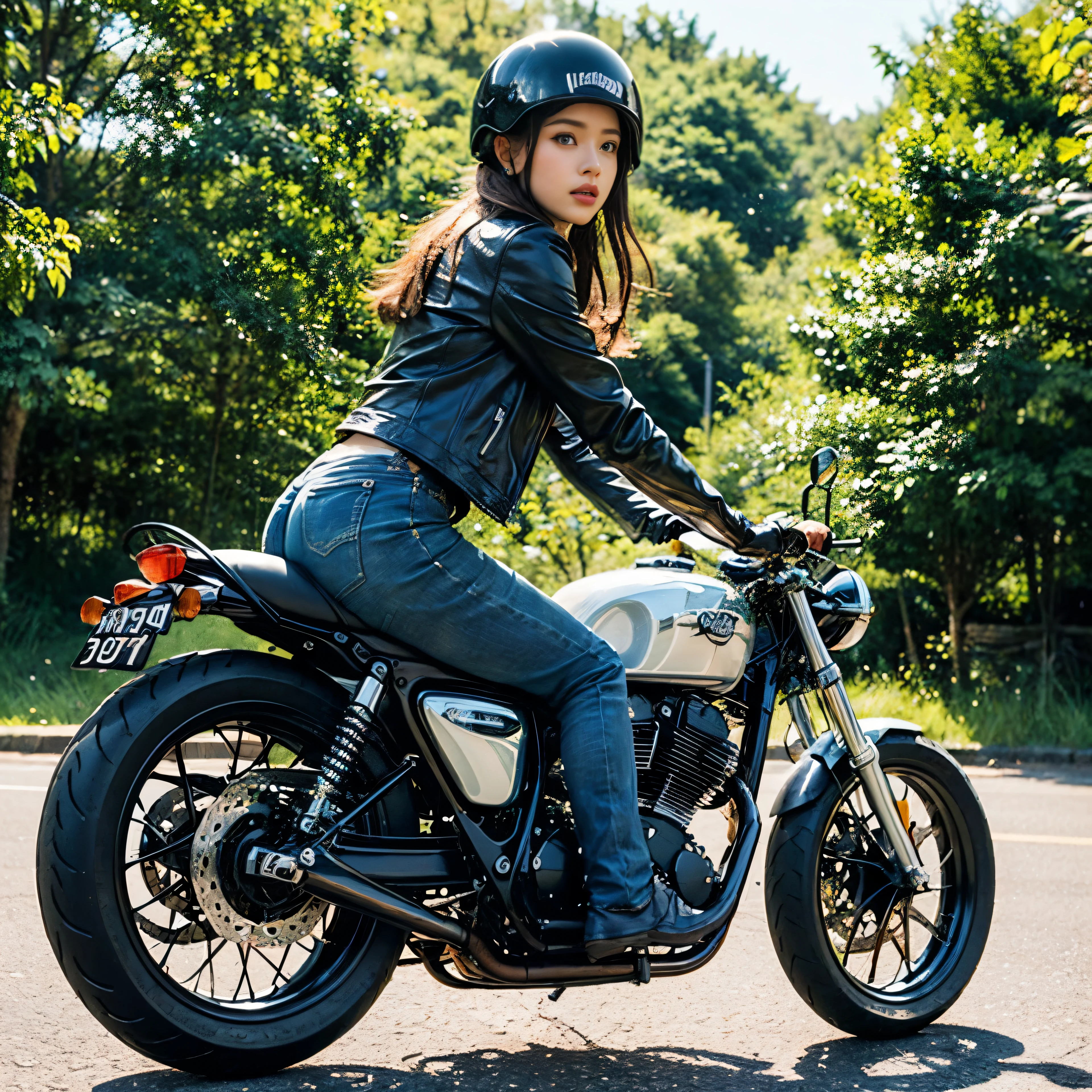Girl riding a cafe racer bike, Wearing a black leather jacket and black boots, Wearing a retro helmet. This bike is、Features a glossy black body with silver accents。. Girl has beautiful detailed eyes and lips, With long eyelashes. A cafe racer speeding down a winding countryside road, Trees in the background々And the green fields spread out. Sunshine、This scene gives off a warm, nostalgic glow.。. Images should be of the highest quality, Highly detailed rendering and realistic colors. The overall style should be a combination of concept art and photography., Vintage tones.