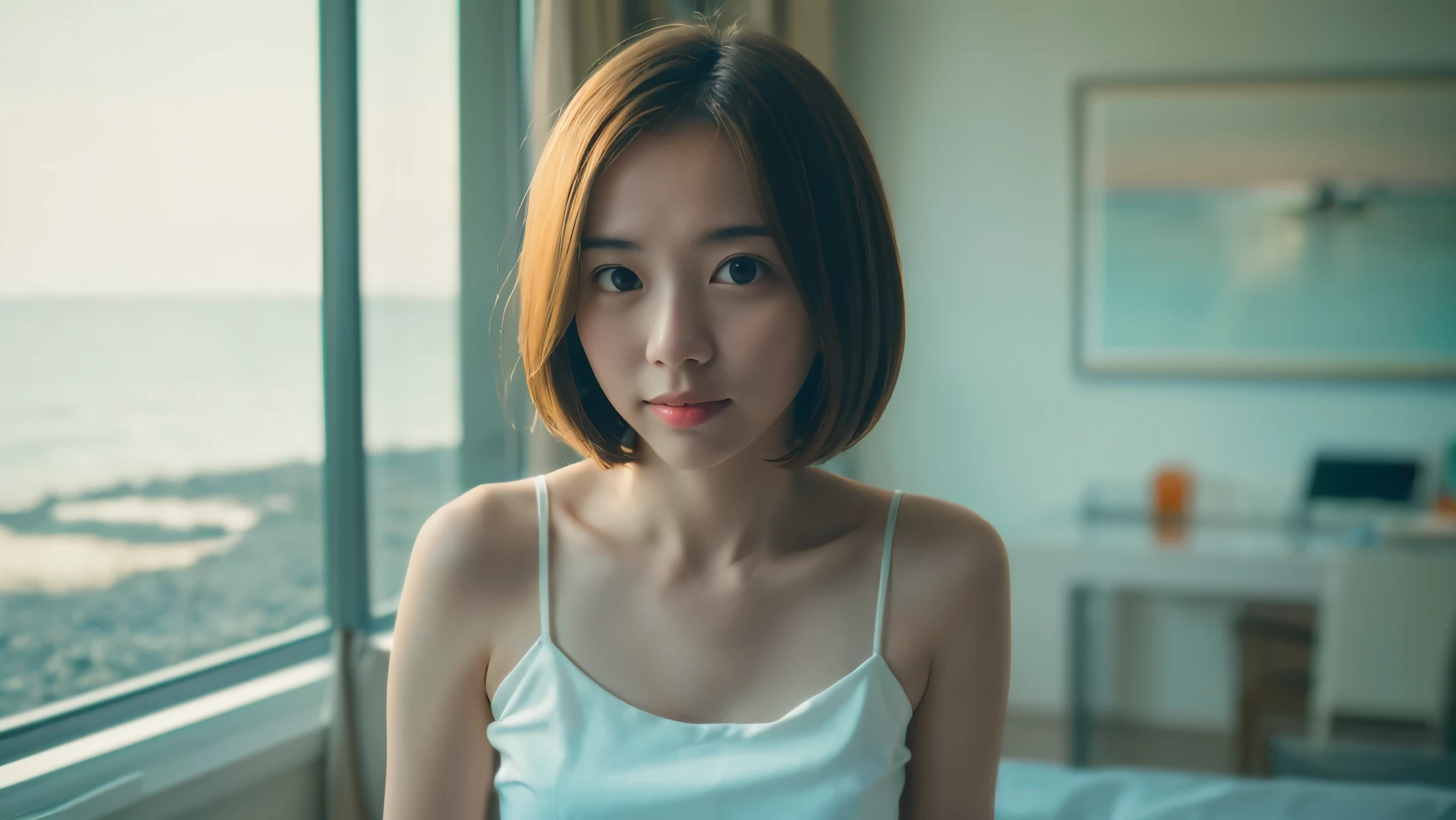 (Masterpiece, highest quality: 1.4), girl, solo, beautiful face, 8k, absurd, upper body, white camisole, looking at camera, no makeup, film grain, chromatic aberration, sharp focus, bright face, short bob, sophisticated, (smile : 0.5) )), Room, Indoors, Sea at sunrise, Background blur, [:detail face:10]