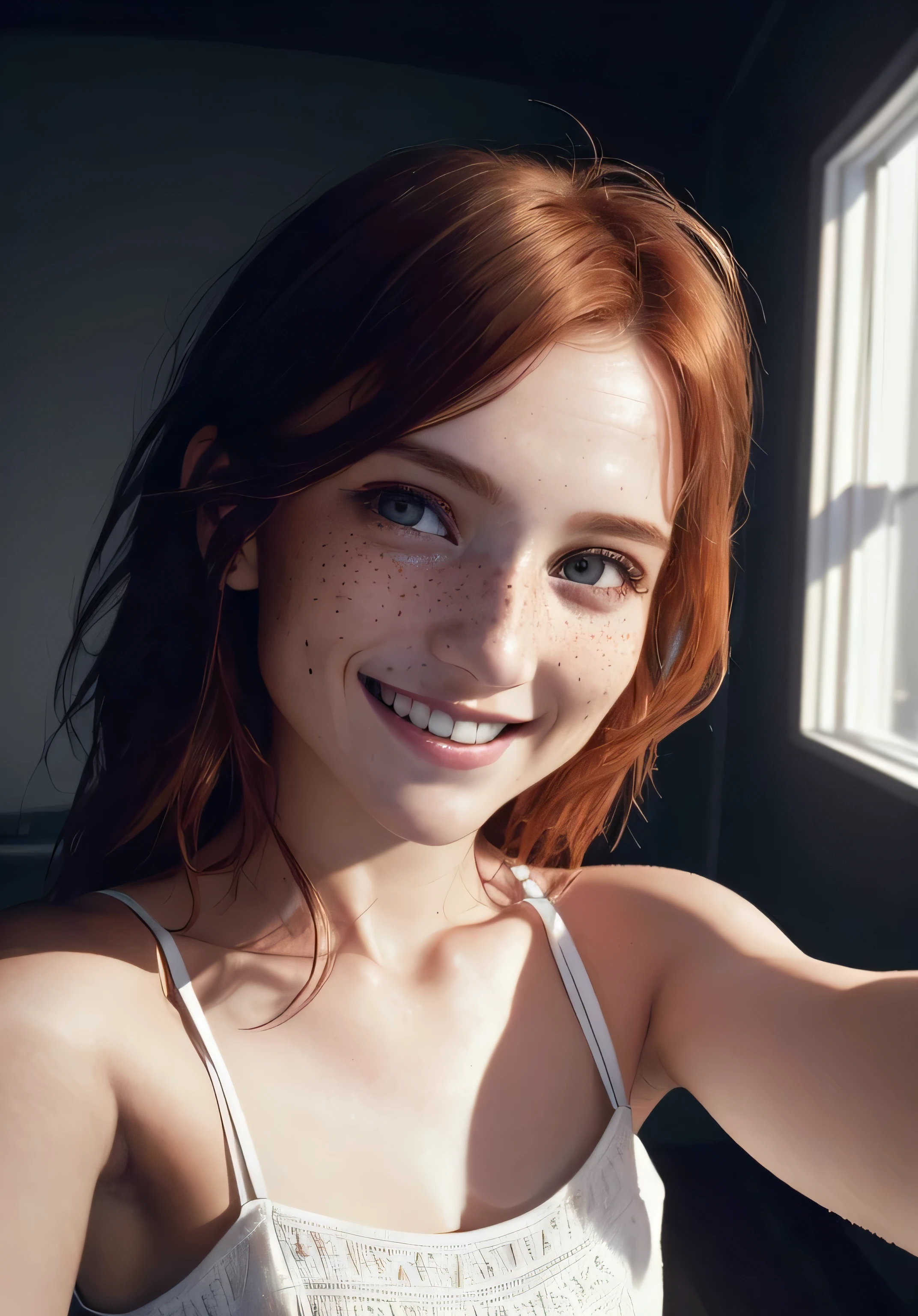 analog style, model shoot style, ((upper body:1.4)) (selfie:1.5) of a ((little girl:1.5, white dress)), (1girl, young girl), (redhead girl, freckles, long hair), ((smile, beautiful face: 1.8, perfect face:1.5)), 
(shiny body, smile), ((pretty face: 1.7, perfect face:1.7)), (best quality:1.5, hyperrealistic:1.5, photorealistic:1.4, Madly detailed CG unity 8k wallpaper:1.5, masterpiece:1.3, Madly detailed photo:1.2), 
(hyper-realistic lifelike texture:1.4, realistic eyes:1.2), (octane render, unreal engine 5), (ecstasy of light and shadow:1.5, deep shadow:1.5), (sony a7, 50 mm, film grain:1.5, 4K UHD HDR), 
(photo by lee jeffries, Greg Rutkowski and Magali Villanueva)
