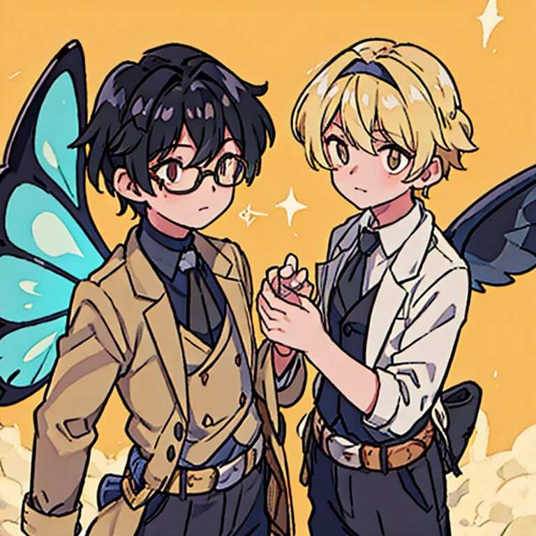 only two boys. the first and small with black hair and blonde highlights. le deuxieme a des cheveux marrons un bandeau et ded lunettes. they are dressed like fairies with wings