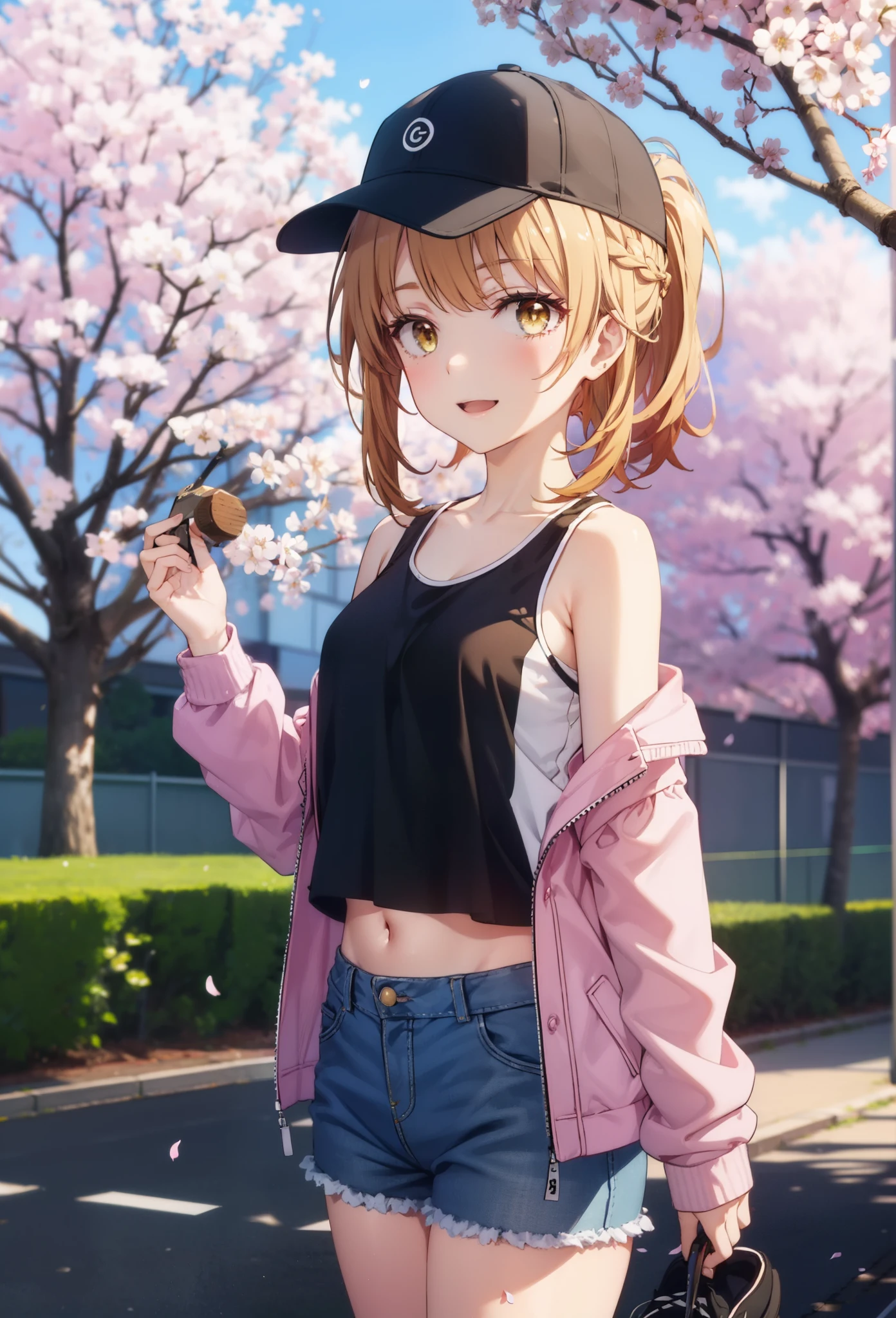 irohaisshiki, iroha isshiki, long hair, brown hair, (brown eyes:1.5),short braided hair,ponytail ,baseball hat,smile,happy smile, smile, open your mouth,Oversized pink jacket showing off the navel,There&#39;s space in front,bare shoulders,Yellow tank top shirt,shorts,Black high top sneakers,cherry blossoms are blooming,Cherry blossoms are scattered,Cherry blossom tree-lined path,noon,
break outdoors, 公園
break looking at viewer,(cowboy shot:1.5),
break (masterpiece:1.2), highest quality, High resolution, unity 8k wallpaper, (figure:0.8), (detailed and beautiful eyes:1.6), highly detailed face, perfect lighting, Very detailed CG, (perfect hands, perfect anatomy),